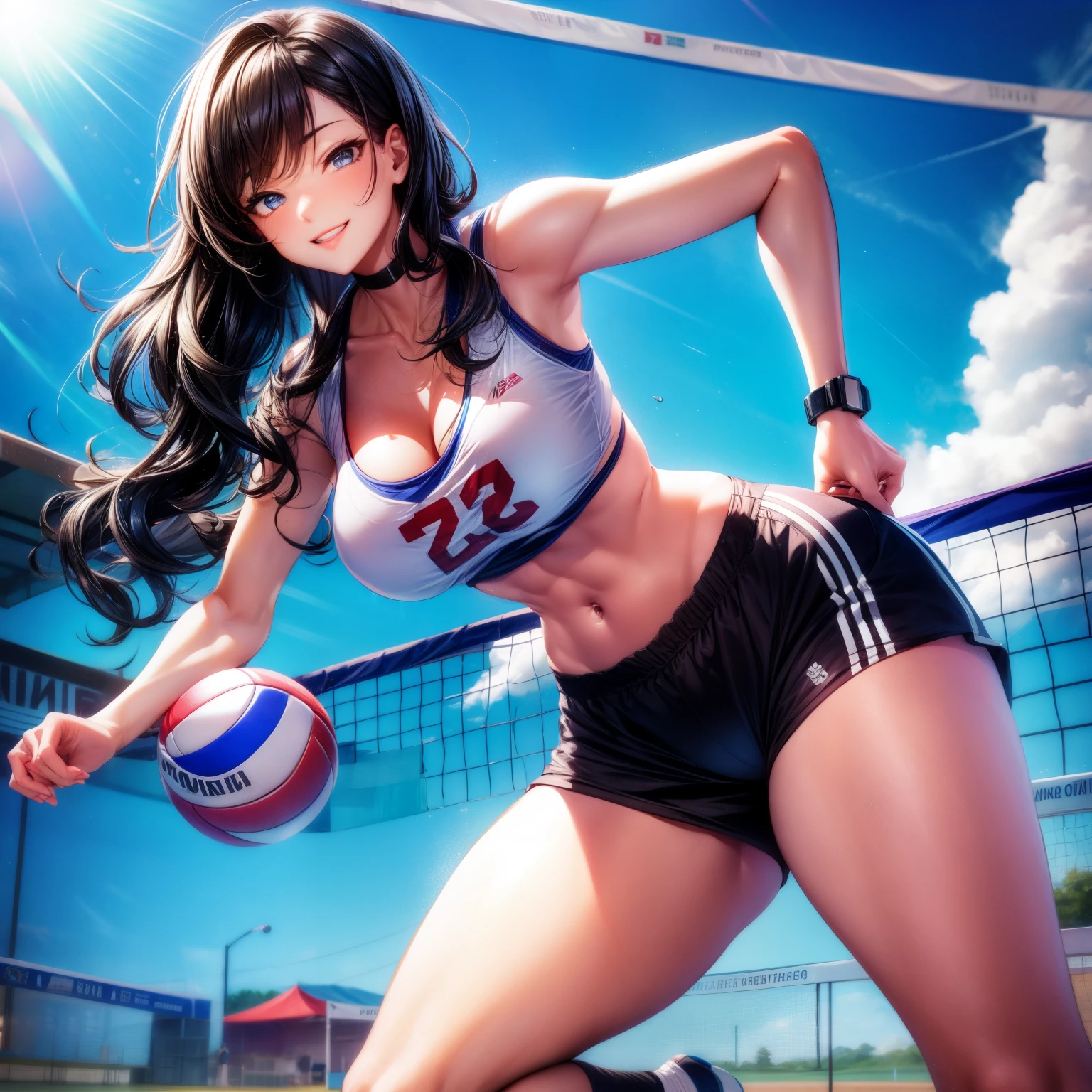 （8K ，Ultra-detailed，ultra real photo，Best masterpiece，natural，Perfect artwork，Perfect female body），Sexy female volleyball player、short black wavy hair、super fit volleyball uniform、low chest，Open collar，Wear volleyball shorts、an sexy、ssmile、Sexy pose on volleyball court，humongous large breast，，Beautiful long legs，Tall figure，full-body shot，