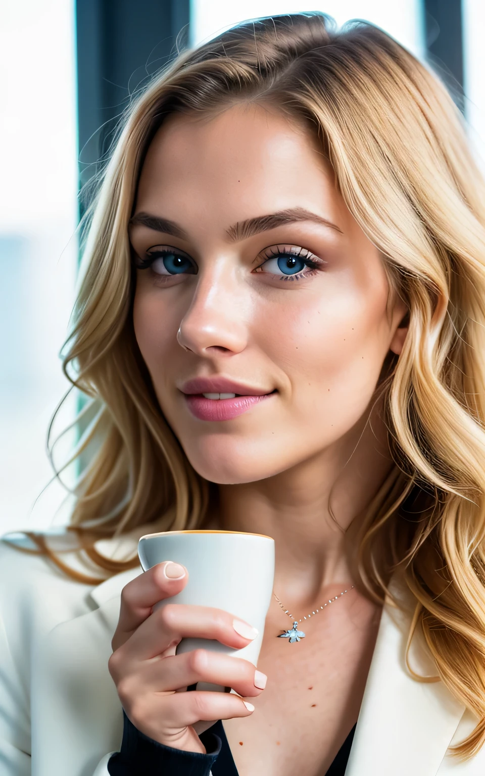 beautiful blonde wearing formal cream blazer (sipping coffee inside a modern office at sunset), very detailed, 21 years old, innocent face, natural wavy hair, blue eyes, high resolution, masterpiece, best quality, intricate details, highly detailed, sharp focus, detailed skin, realistic skin texture, texture, detailed eyes, professional, 4k, charming smile, shot on Canon, 85mm, shallow depth of field, kodak vision color, perfect fit body, extremely detailed, foto_\(ultra\), photorealistic, realistic, post-processing, maximum detail, roughness, real life, ultra realistic, photorealism, photography, 8k uhd, photography