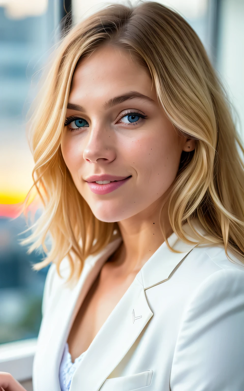 beautiful blonde wearing formal cream blazer (sipping coffee inside a modern office at sunset), very detailed, half body shot, 21 years old, innocent face, natural wavy hair, blue eyes, high resolution, masterpiece, best quality, intricate details, highly detailed, sharp focus, detailed skin, realistic skin texture, texture, detailed eyes, professional, 4k, charming smile, shot on Canon, 85mm, shallow depth of field, kodak vision color, perfect fit body, extremely detailed, foto_\(ultra\), photorealistic, realistic, post-processing, maximum detail, roughness, real life, ultra realistic, photorealism, photography, 8k uhd, photography