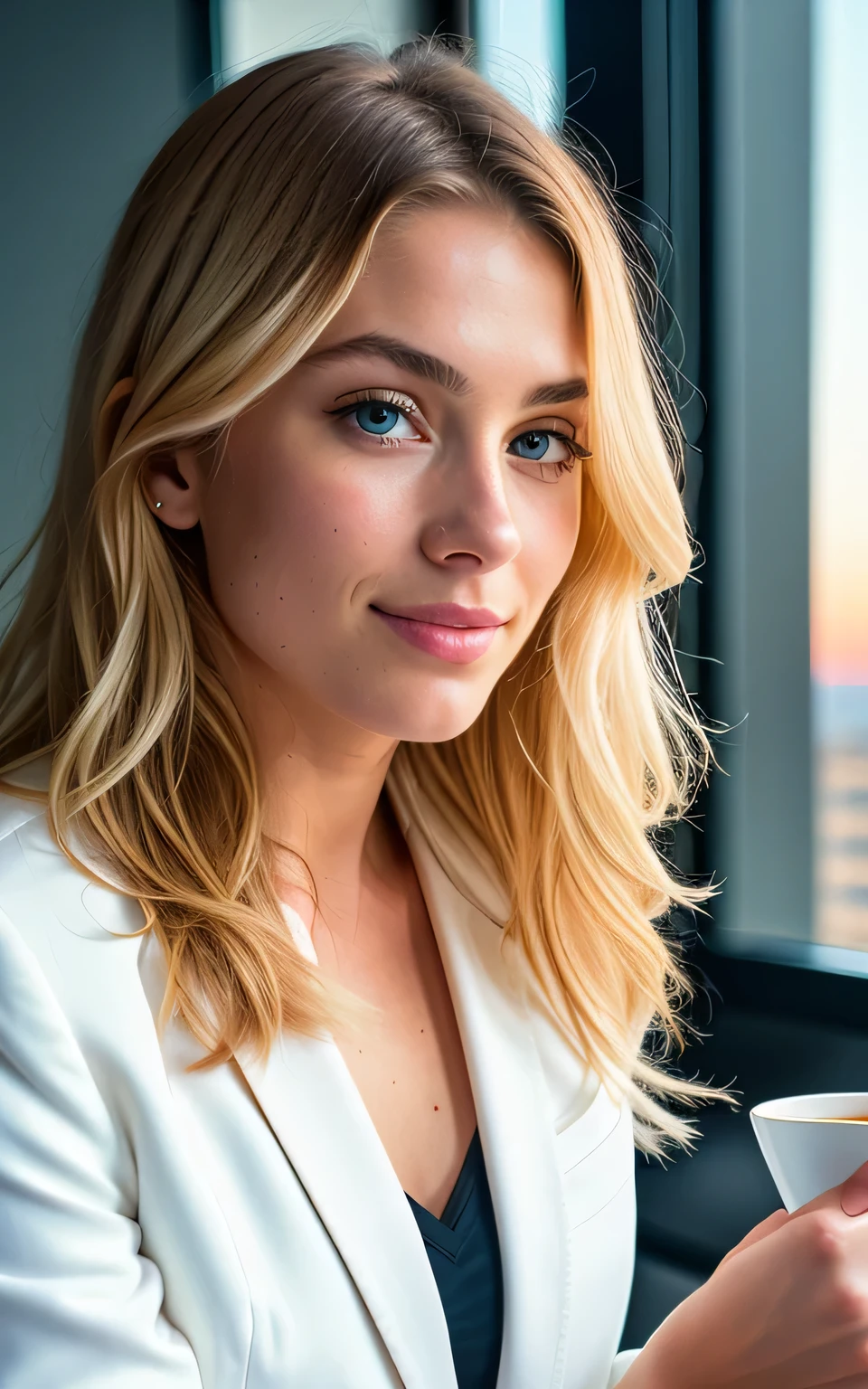 beautiful blonde wearing formal cream blazer (sipping coffee inside a modern office at sunset), very detailed, half body shot, 21 years old, innocent face, natural wavy hair, blue eyes, high resolution, masterpiece, best quality, intricate details, highly detailed, sharp focus, detailed skin, realistic skin texture, texture, detailed eyes, professional, 4k, charming smile, shot on Canon, 85mm, shallow depth of field, kodak vision color, perfect fit body, extremely detailed, foto_\(ultra\), photorealistic, realistic, post-processing, maximum detail, roughness, real life, ultra realistic, photorealism, photography, 8k uhd, photography