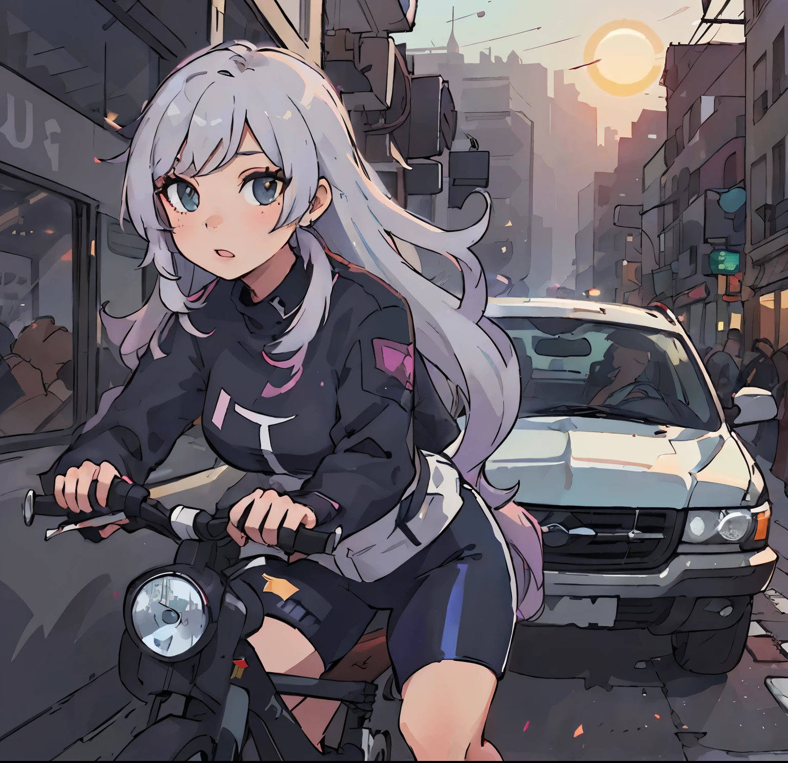 girl riding an SUV, glossy car paint, vivid colors, realistic rendering, Detailed features, dazzling sunlight,  Background with, fashionable clothes, confident look, long flowing hair, cityscape, busy street, stylish accessories, car interior details, rearview mirror, polished metal surface, professional photo quality.