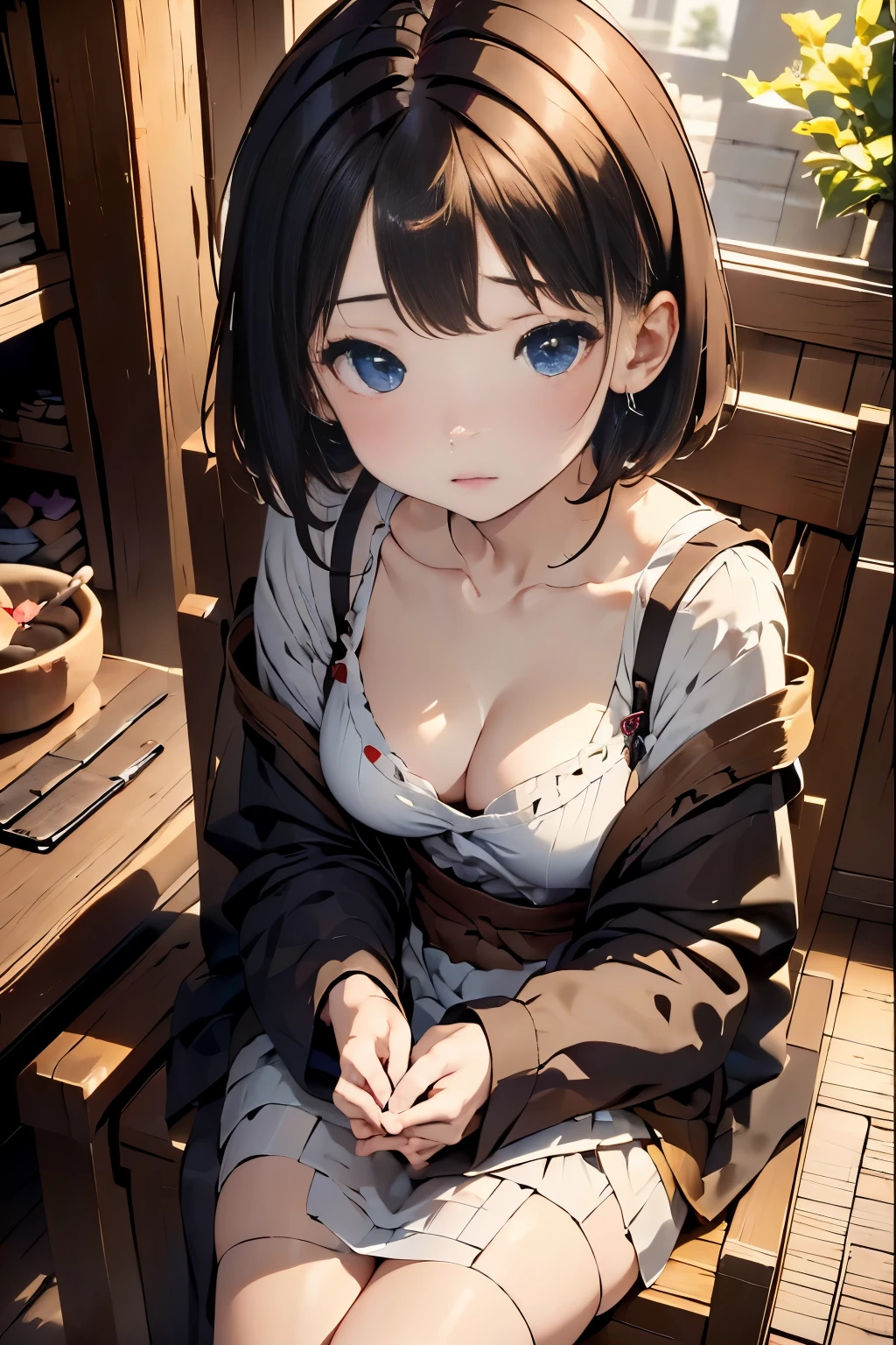 (masterpiece, best quality:1.4), 8k, 85mm, official art, absurdres, (downblouse:1.2), (from above:1.1), violaceaess, cute face, beautiful eyes, camisole, upper body, looking at viewer, short hair, bangs, small head, (smile:0.6), sharp focus, facelight, dynamic lighting, cinematic lighting, dramatic shadow, perspective, depth of field, highres, ultra detailed, finely detail, extremely detailed, detailed eyes and face, sharp pupils, realistic pupilackground, small waist, flare skirt