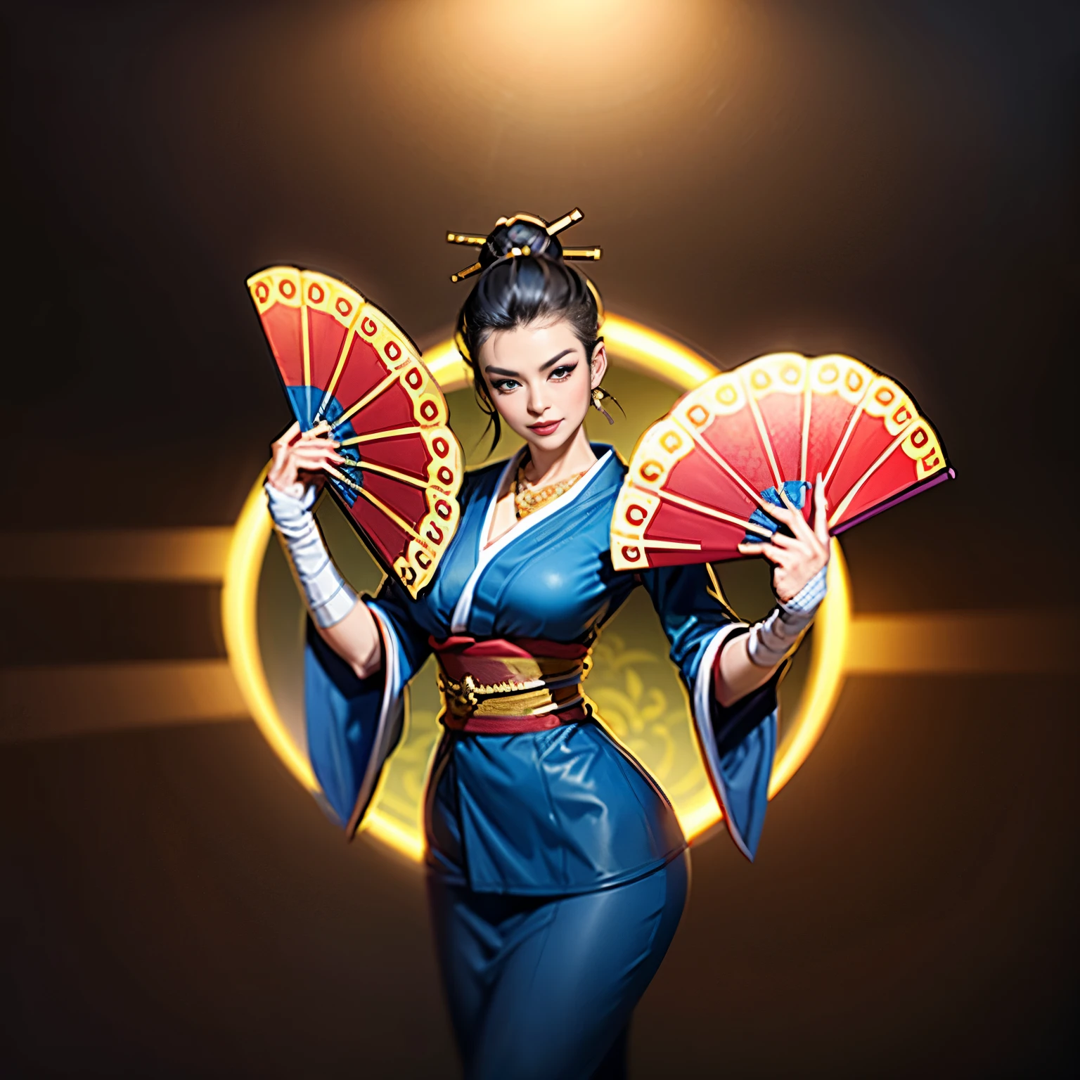 Queen, beautiful, necklace, black hair in 1 top knot,2 hair pins,sexy, design on clothes,milf,design on clothes,milf,form fitting kimono type clothes,plain kimono, red-mehroon fans, gold patterns,high quality,8k, slight smile, villainess , bandaged hands, red kimono:1.4