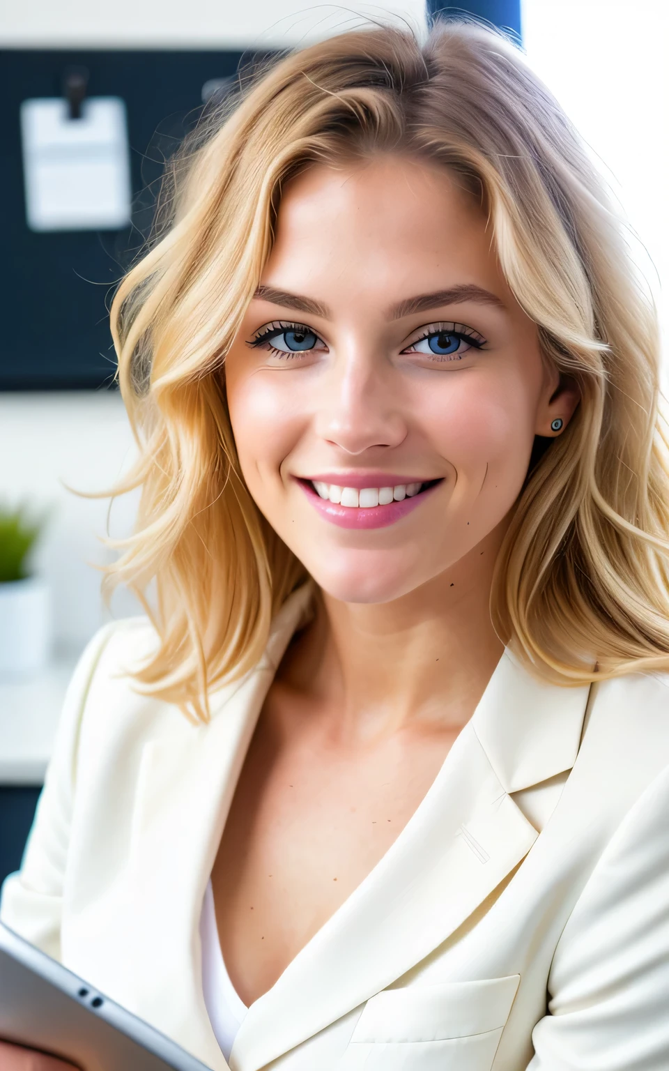 beautiful blonde wearing formal cream blazer (zoomed out shot of upper half body, sipping coffee inside a modern office at her office table), very detailed, 21 years old, innocent face, natural wavy hair, blue eyes, high resolution, masterpiece, best quality, intricate details, highly detailed, sharp focus, detailed skin, realistic skin texture, texture, detailed eyes, professional, 4k, charming smile, shot on Canon, 85mm, shallow depth of field, kodak vision color, perfect fit body, extremely detailed, foto_\(ultra\), photorealistic, realistic, post-processing, maximum detail, roughness, real life, ultra realistic, photorealism, photography, 8k uhd, photography
