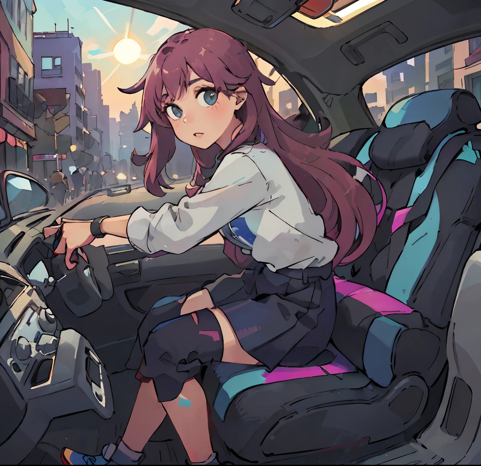 girl riding an SUV, glossy car paint, vivid colors, realistic rendering, Detailed features, dazzling sunlight, Background with, fashionable clothes, confident look, long flowing hair, cityscape, busy street, stylish accessories, car interior details, rearview mirror, polished metal surface, professional photo quality.