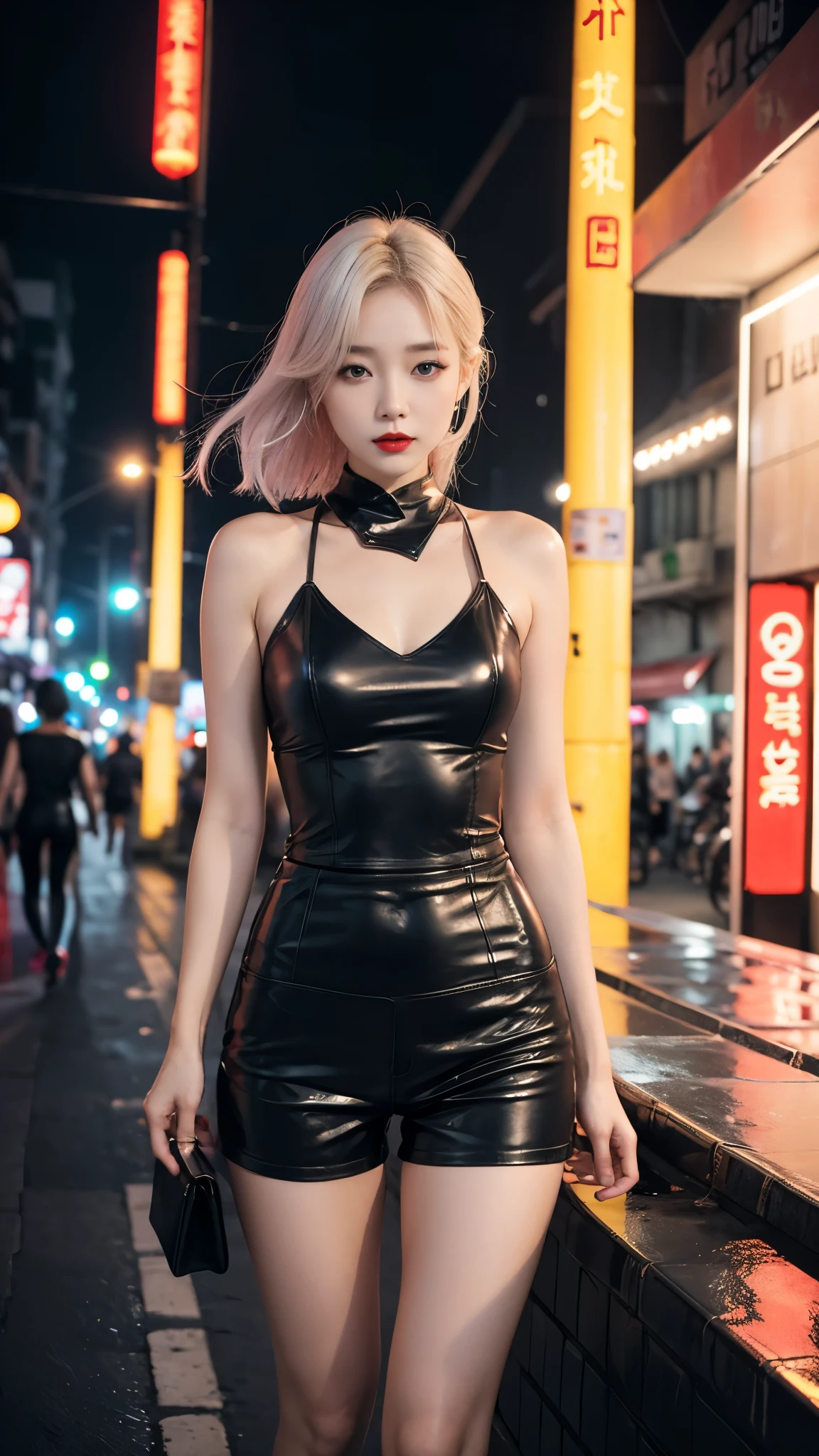 Beautiful Girl, Korean makeup, Red lips, Platinum hair, thigh, medium chest, medium body, thigh, áo toptube, Tight shorts, ((( leather costumes ))), streetscape, Dark night, bảng hiệu, LED Lights, phương tiện,