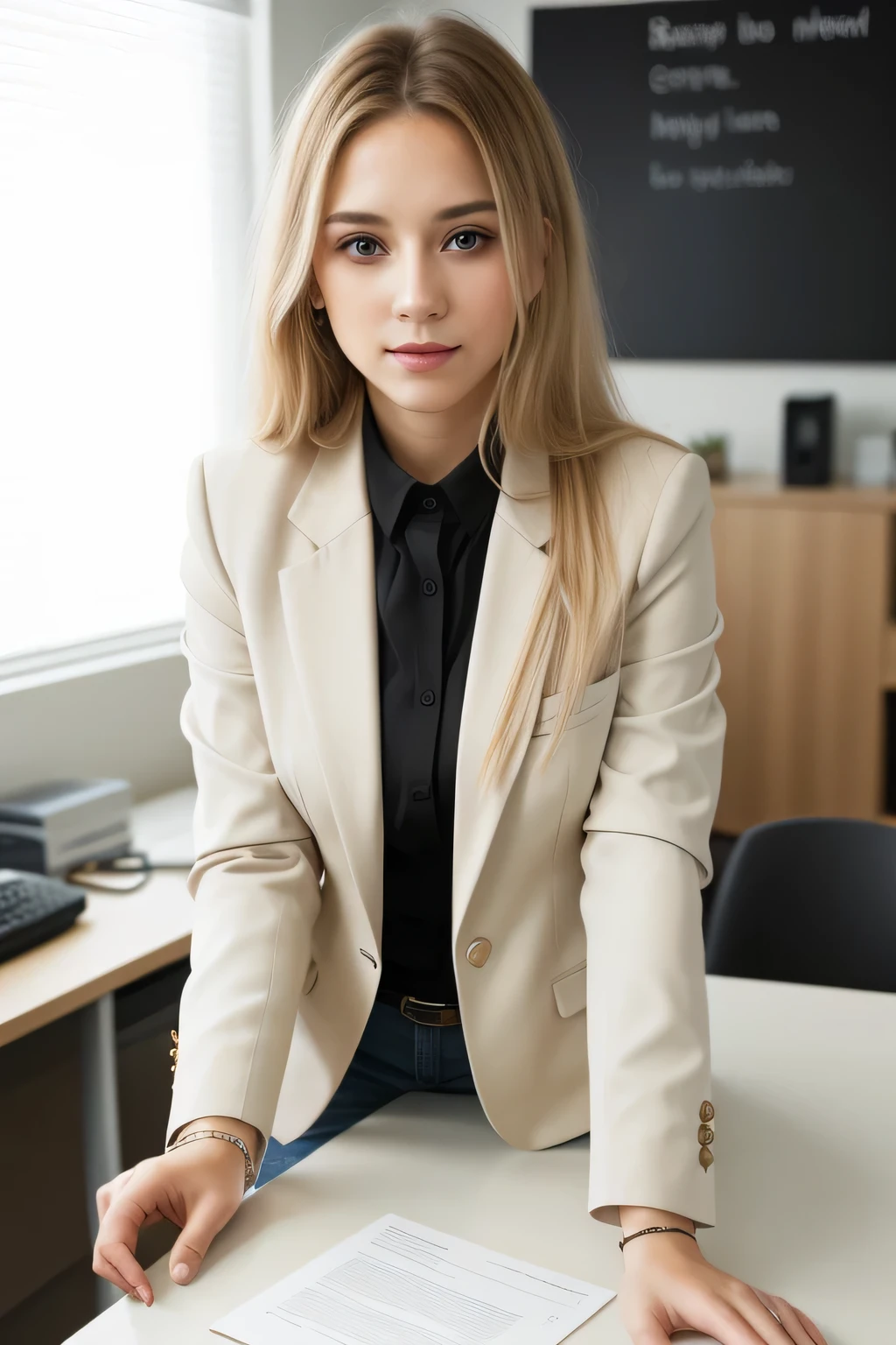 1girl, beautiful, smile, laugh, (facing the viewer), standing on a desk, leaning forward over a desk, at a modern office, ultra skin texture, (AS-:1.1) BREAK
hands on desk, leaning forward, in formal attire, wearing cream blazer and white buttoned shirt with black pants uniform, modern office, looking at the camera, eye contact BREAK
(leaning forward:1.1), BREAK
no makeup, long blonde hair, pale skin, fair skin, white skin, BREAK