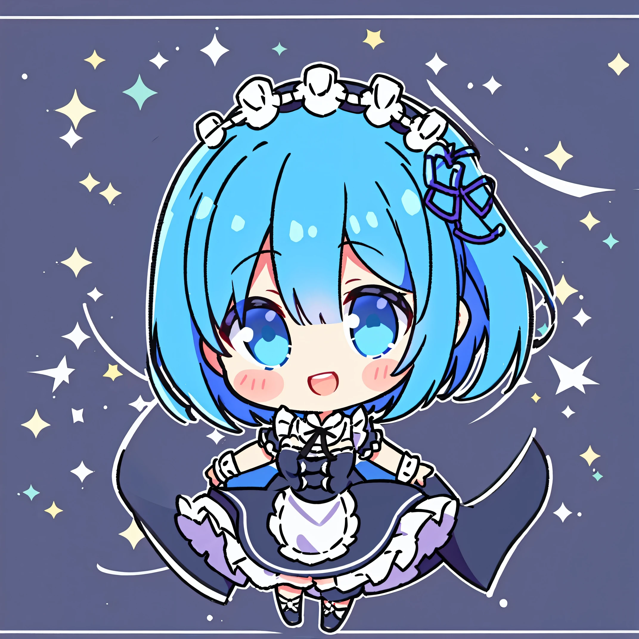 rem, hair over one eye, 1girl in,solo, black maid outfit, lightblue hair, shortcut, light blue background, facing the front, smile showing teeth,