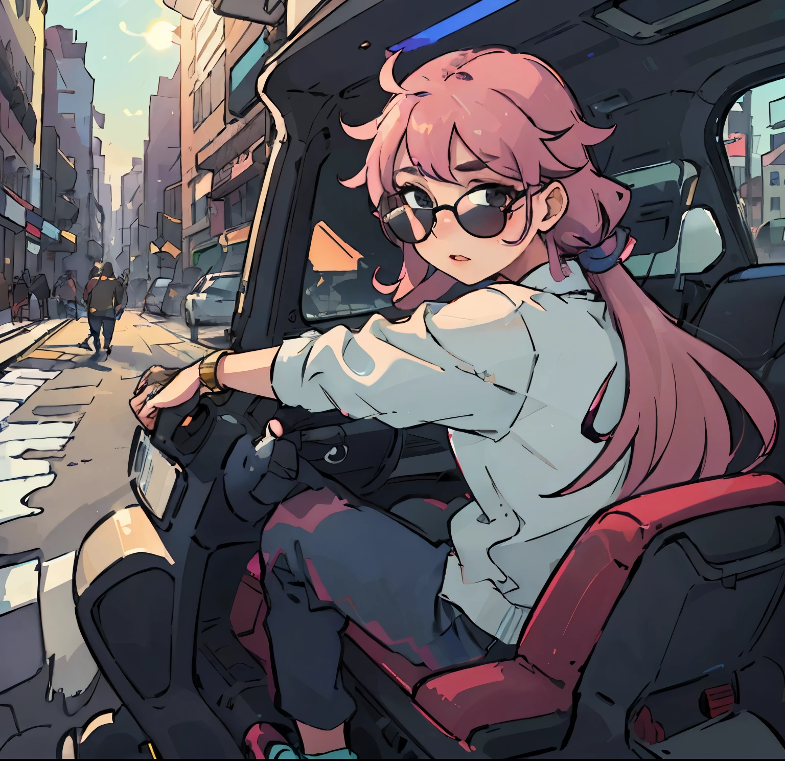 girl riding an SUV, glossy car paint, vivid colors, realistic rendering, Detailed features, dazzling sunlight, Background with, fashionable clothes, confident look, Sunglasses, long flowing hair, cityscape, busy street, stylish accessories, car interior details, rearview mirror, polished metal surface, professional photo quality.