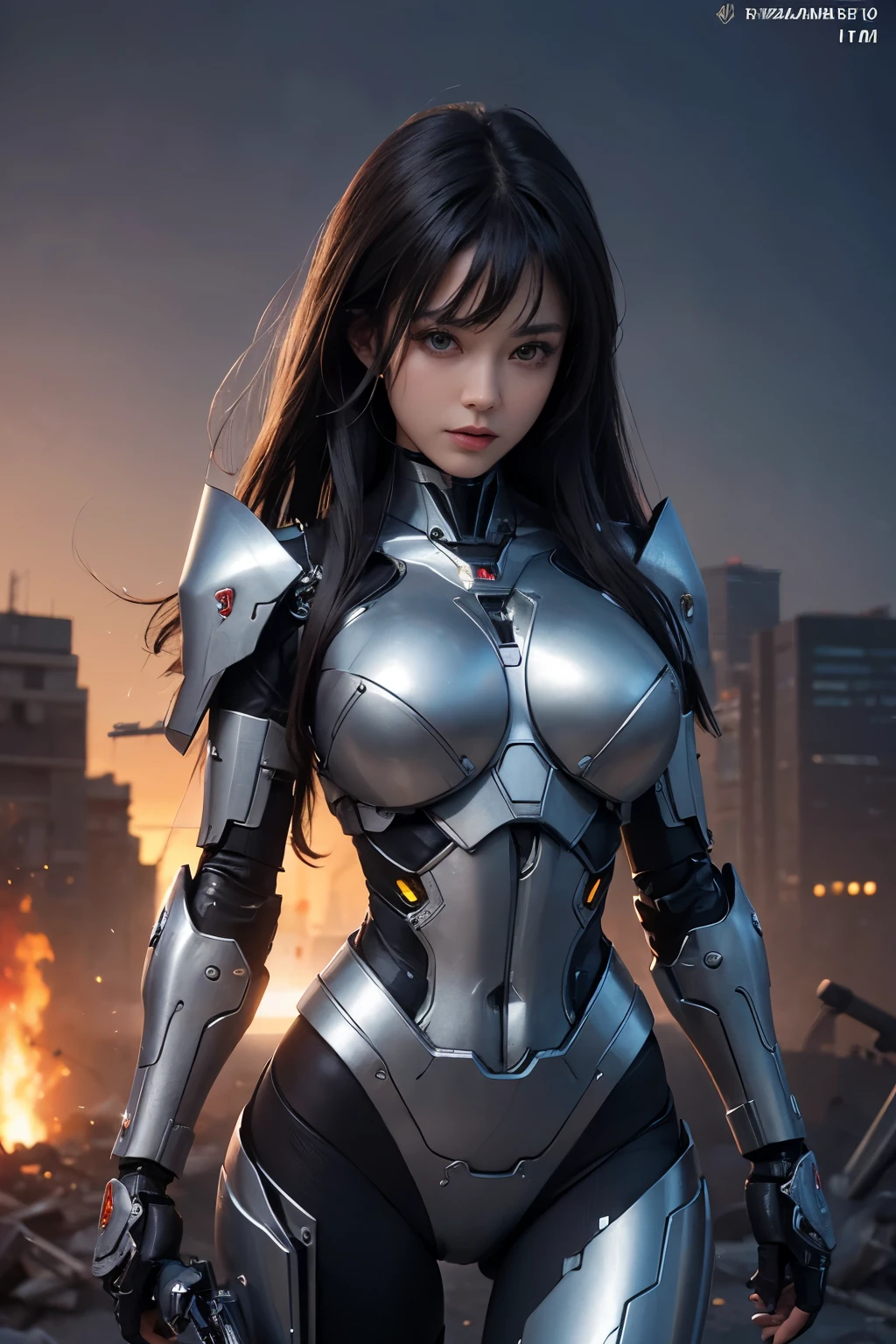 Textured skin, Super Detail, high details, High quality, Best Quality, hight resolution, 1080p, hard disk, Beautiful,(cyborgs),(Missiles from the chest),(Machine gun from both handeautiful cyborg woman,Mecha Cyborg Girl,Battle Mode,Girl with a Mecha Body,She wears a battle cyborg mech with a weapon,Fulll body Shot