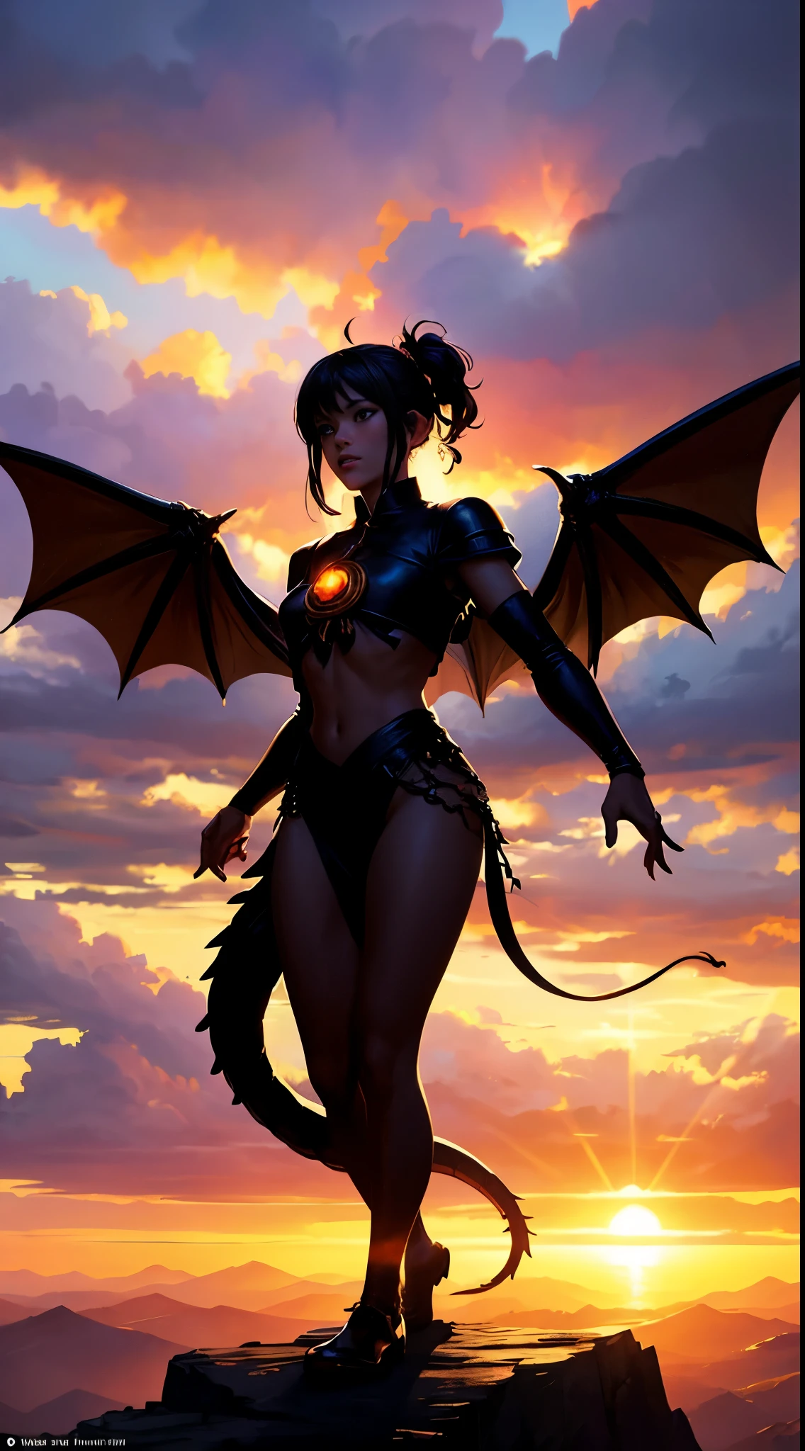 high high quality,Best quality at best,Realiy,Super realistic,super detailing,tmasterpiece,A high resolution,8K,Very realistic,Hellbringers,red - eyed,Meniscus,Close-up of a girl with a sword and a vampire, Dark black cloak,比基尼,glitchpunk girl,pale milky white porcelain skin, Vampires,Smooth translucent white skin, small thighs,Small waist,Small hips,cropped shoulders,Nice collarbone,ultra-realistic realism,big breasts exposed cleavage,The upper part of the body,,Wear a bikini,Tattooed with,red color eyes,goth style,Bat wings,Epic fantasy digital art style,A noble and elegant vampire girl, dan mumford tom bagshaw, dark fantasy style art, Epic fantasy art style, , dark fantasy art style, Epic fantasy art style HD, dark fantasy digital art,"Artistic image type: {Perched on top of cybernetics dragons, Vampire Maiden investigates the vast cyber metropolis below. Infused with neon lights, Contrast her technically enhanced body, Embedded LEDs and retractable technology weapons shine. In a striking pose, She seemed ready to act, A fusion of ancient legends and visions of the future}, Excellent location,with city view, (Vibrant neon lighting:1.5), (Digital painting:1.25), (4K:1.2). environment: panoramic view of a city,Bats fly across the skyline."