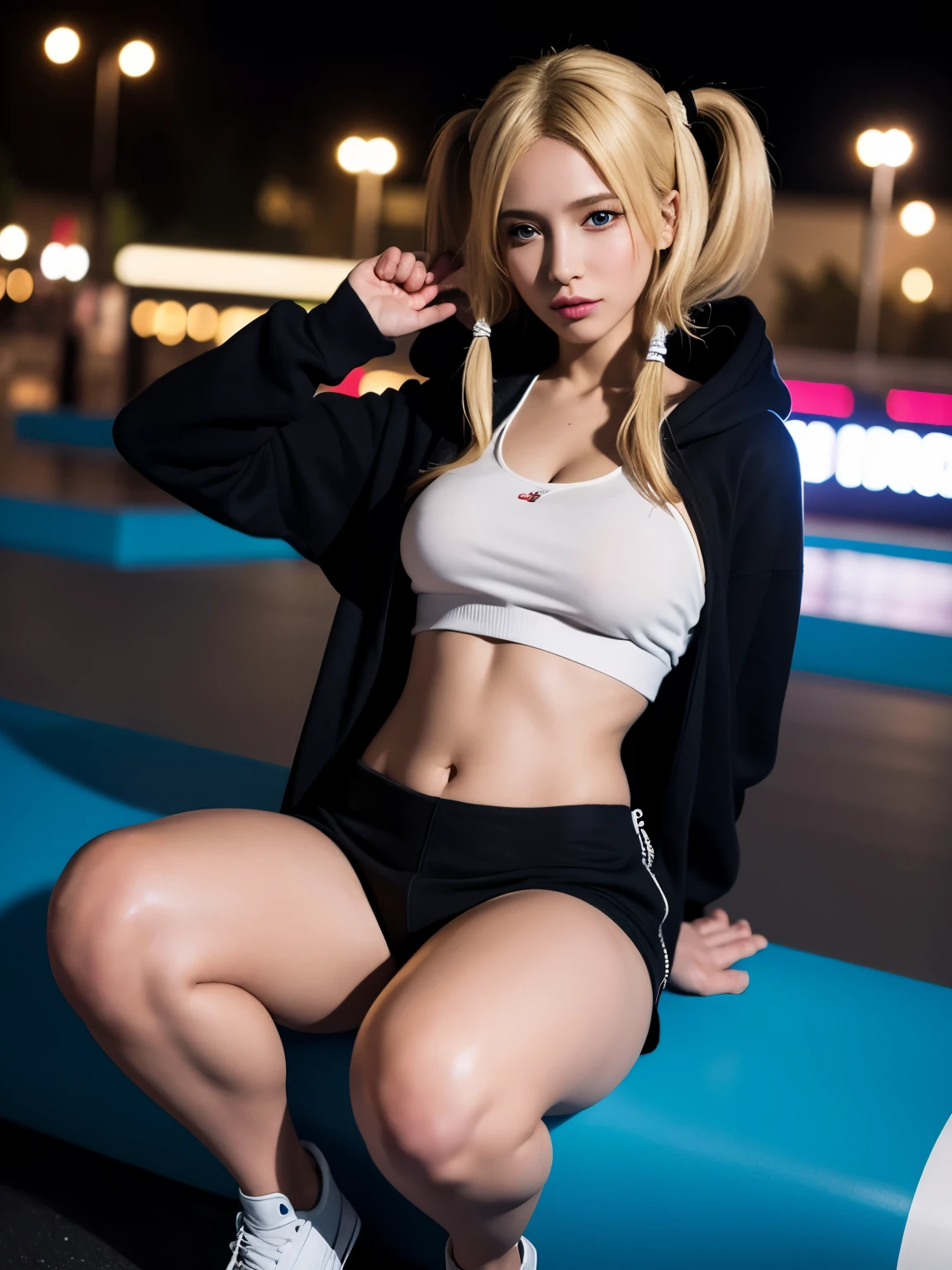 1girl in, (blue eyes), sexy smiling, ((in the name of minaj)), wide hips, big breasts same, Big butt, (best quality, 8K, masutepiece: 1.3)), clear focus: 1.2, Perfect Body Beauty: 1.4, slender abs: 1.2, wet body: 1.5, Highly detailed face and skin texture, Detailed eyes, double eyelids ((twintails blonde hair)), long legs, ((insufficient_Hoodie)), Kneepads, headphones, roller, rollerskating, skating, Extreme Sports, Jumping, dynamic pose, whole body, In the illuminated park at night, Big Long Shot