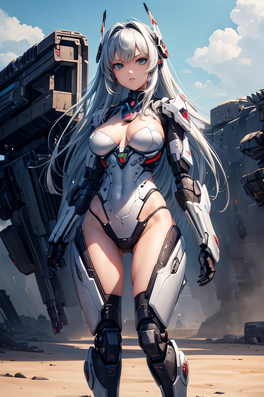 Textured skin, Super Detail, high details, High quality, Best Quality, hight resolution, 1080p, hard disk, Beautiful,(cyborgs),(Missiles from the chest),(Machine gun from both handeautiful cyborg woman,Mecha Cyborg Girl,Battle Mode,Girl with a Mecha Body,She wears a battle cyborg mech with a weapon,Fulll body Shot