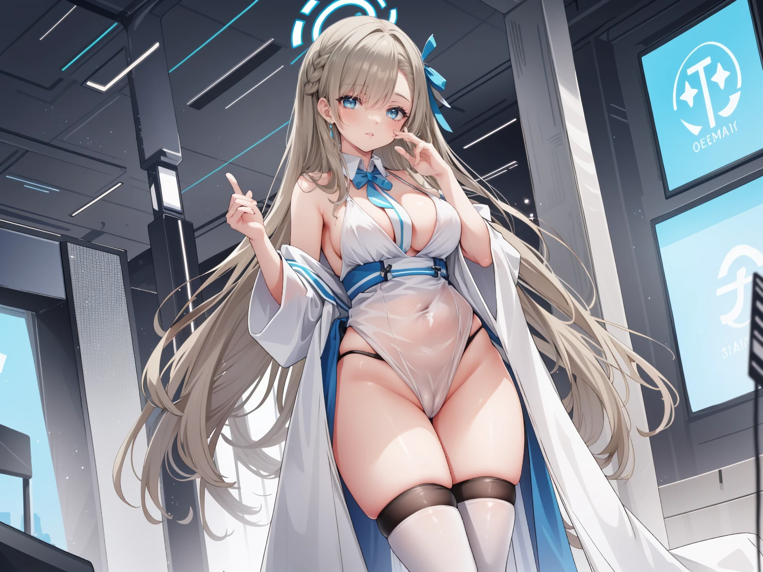 (high resolution), (The best resources), (high quality), (tmasterpiece), 1 plump girl, Asuna, blue eyes, Long gray hair, halo, hair covering one eye, Very long hair, light brown hair, (, Cracked Contrast Glue High Socks, Red latex stockings, praying hands logo, looking at the audience, 8K HD RTX, Delicate finger detailing,Obscenity exposed,slimfigure,ssmile