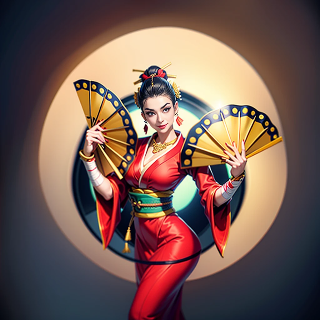 Queen, beautiful, necklace, black hair in 1 top knot,2 hair pins,sexy, design on clothes,milf,design on clothes,milf,form fitting kimono type clothes,plain kimono, red-mehroon fans, gold patterns,high quality,8k, slight smile, villainess , bandaged hands, red kimono:1.4