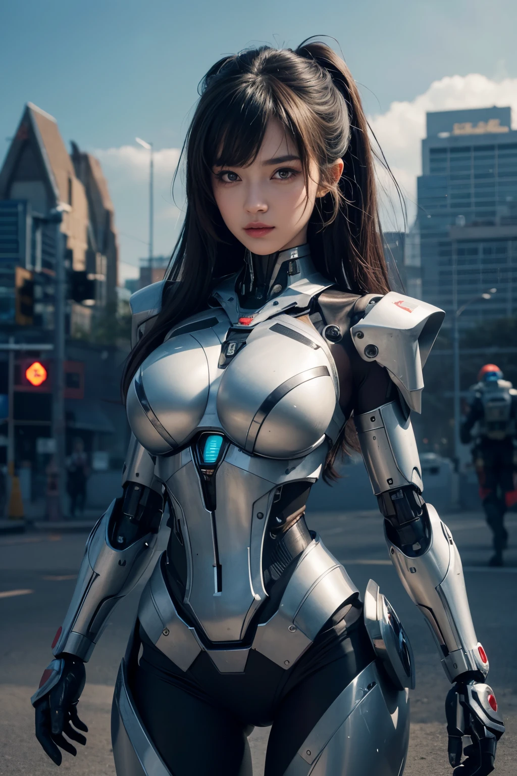 Textured skin, Super Detail, high details, High quality, Best Quality, hight resolution, 1080p, hard disk, Beautiful,(cyborgs),(Missiles from the chest),(Machine gun from both handeautiful cyborg woman,Mecha Cyborg Girl,Battle Mode,Girl with a Mecha Body,She wears a battle cyborg mech with a weapon,Fulll body Shot