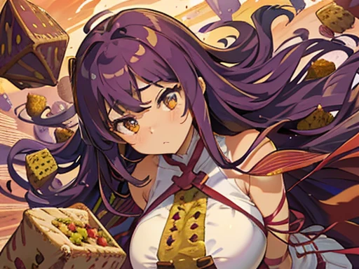 Serve large purple sweet potato jam、Girl with long afro hair flying low in the air wearing boiling big strawberry cake armor、amazing dynamism、great angle、Unstable buoyancy sandstorm、(((A lot of gentle oversized dried fruit cubes float closely and chase)))、((surround each other'straw cube))、