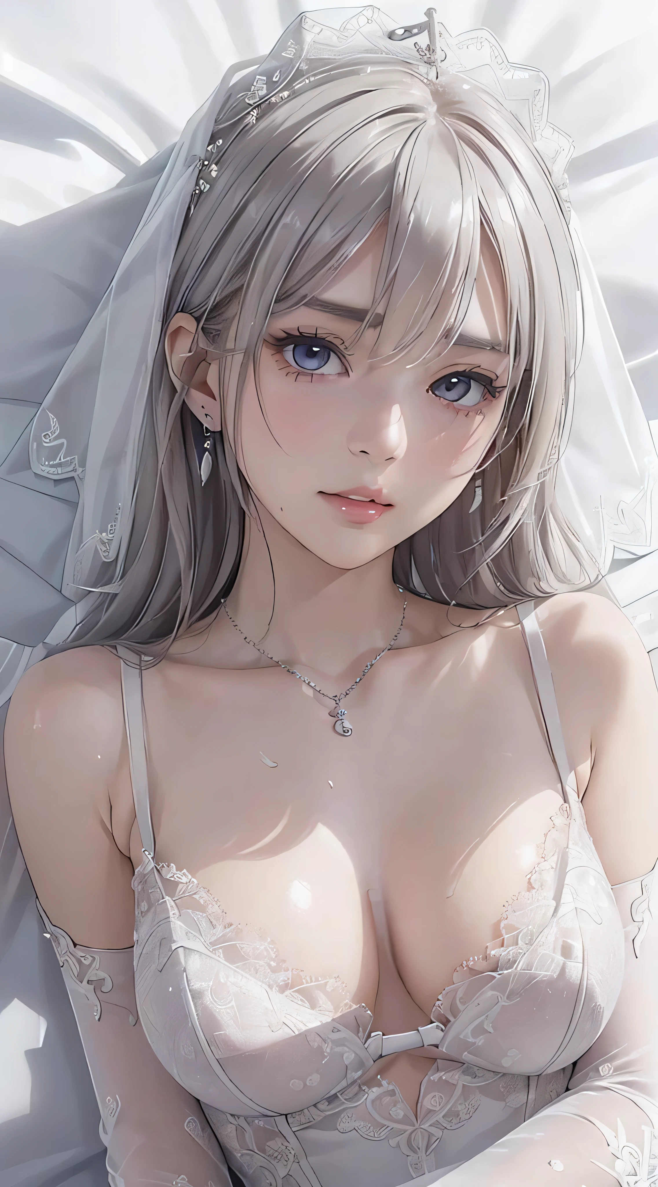 (masutepiece: 1.3), (maximum resolution: 1.2), (ultra high definition tv: 1.2), cinema light, 8K resolution, Detailed eyes and skin, detailed facial features, , (sharp focus: 1.2), (Focus is on the face:1.2),Perfect style, pretty face, Accurate, anatomically correct, ノ Highly detailed face and skin texture, Detailed eyes, double eyelids, thin eyebrows, Glitter Eyeliner: 1 natural cheeks, Glossy skin, Fair skin: 1.2, (glossy lips: 1.4),、 (Shy expression: 1.2),Highly detailed face and skin texture, Detailed eyes, double eyelids, natural cheeks, , glossy lips: 1.4,Exposed cleavage、Sperm taken、Overflowing sperm、Flowing sperm、 red blush、humiliated、impatience、dismay、be frightened、glare、Sexually arousal、Provocation、embarrassing、Open knees、open your legs、 White underwear、white bra、Shiny little earrings and necklaces、disheveled clothes、Dressing、Exposed panties、Sweating、lawn、Sheer underwear、Stockings、 23 instars, Neat and clean woman,1 person、 upturned breasts, bedroom、deep in the night、sexy pose、White-silver hair、blonde、black haired、Blue ash eyes、Green ash eye,(Wedding dress:1.6)、glare表情、, (On my back, laying down on the bed, lyin in bed, Lying down, white sheets:1.3)、Touching the bra、Masturbation behavior、