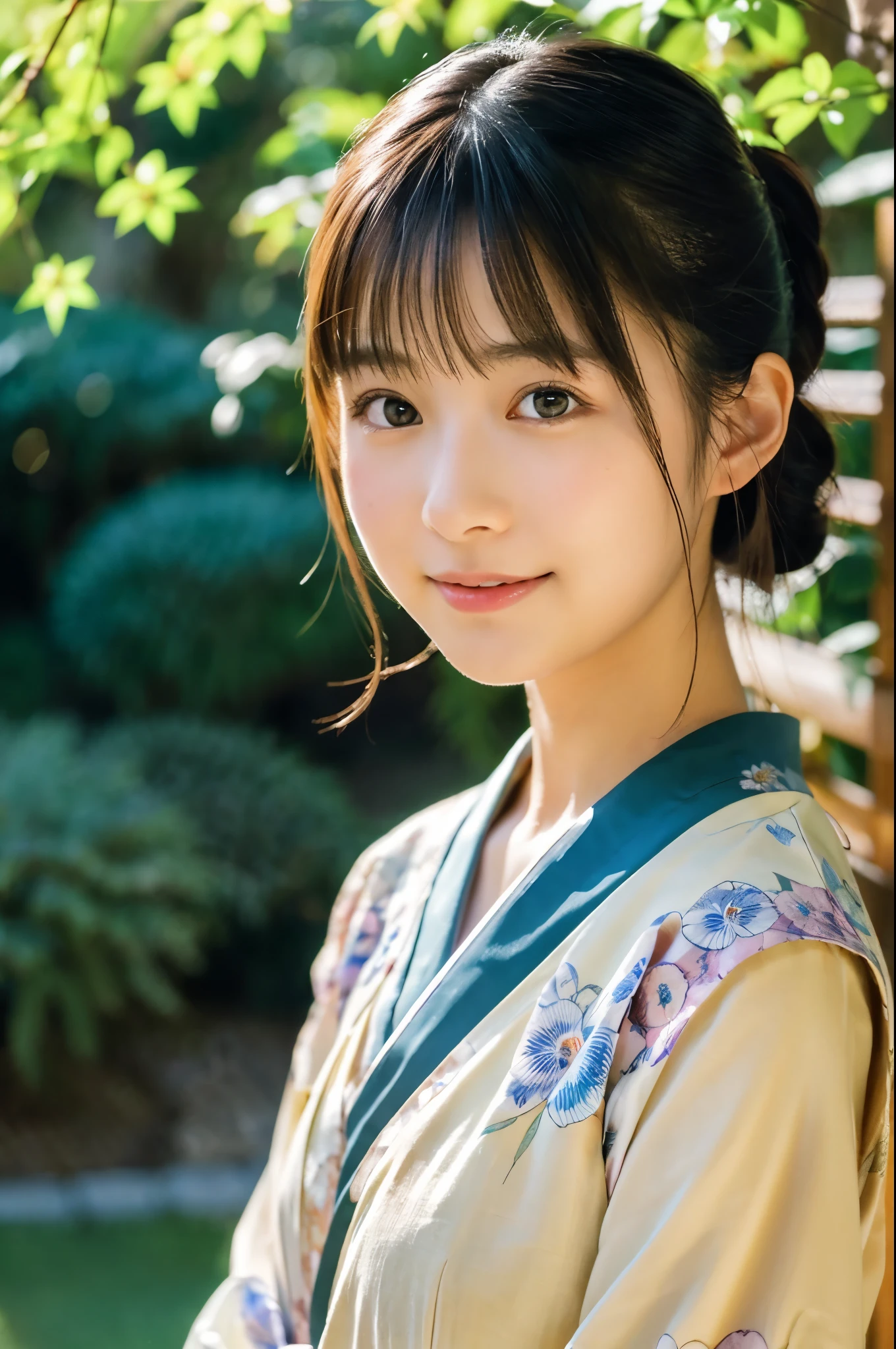 (Photorealsitic:1.4), (Top image quality:1.0), (超A high resolution:1.0), 8K, Raw photography, (masterpiece:0.2), (pureerosface_v1:0.5)、(Best Quality Detail:1.2)、realisitic、8K UHD、hight resolution、(1girl in:1.2)、The ultra-detailliert、High quality textures、intricate detailes、detaileds、Very detailed CG、High quality shadows、Detail Beautiful delicate face、Detail Beautiful delicate eyes、depth of fields、Ray traching,1girl in, japanaese girl, Cute, slender, Kimono with Japanese pattern,Floral scrunchie, Beautiful skin, Facing the front,Sit down, Sit upright and say thank you,Align your hands elegantly,Smile faintly The Land of Japan,Japanese garden,Luxury Japanese-style room, skyporn, Magic Hour, (Realistic:1.3), Finely detailed, quality, (masutepiece:1.2), (Photorealistic:1.2), (Best Quality), (Intricate details), Dramatic, Ray tracing, photograph, +Lola
