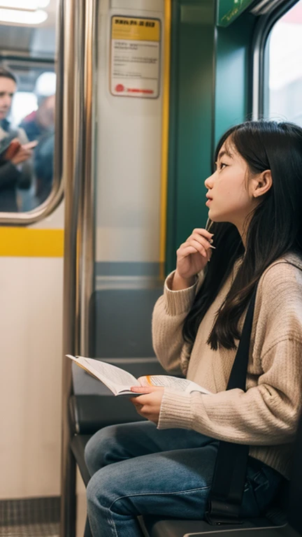 People teach their children on the train,Daughter can read