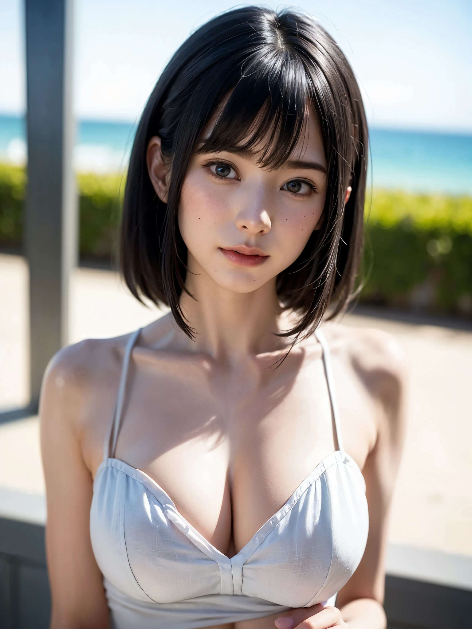 女の子1人、highest quality、Realistic、report、Depth of the bounds written、natural soft light、daytime、troublesome、beautiful face、cleanliness、pure face、white skin、cute hawk hair、bangs、beach、rays of sunshine、Nedium Breast Body Esbian、((Attractive see-through costume、黄金比beautiful face、 Beautiful symmetrical face))、long neck、Please show your ears、bangsのあるきれいな短いボブヘア、close your mouth and smile:1.4、close your mouth and smile:1.4、perfect hands指、perfect hands、perfect body、perfect face、shine a light on the eyes、perfect anatomy:1.4、very cute super model:1.4、sexual:1.4