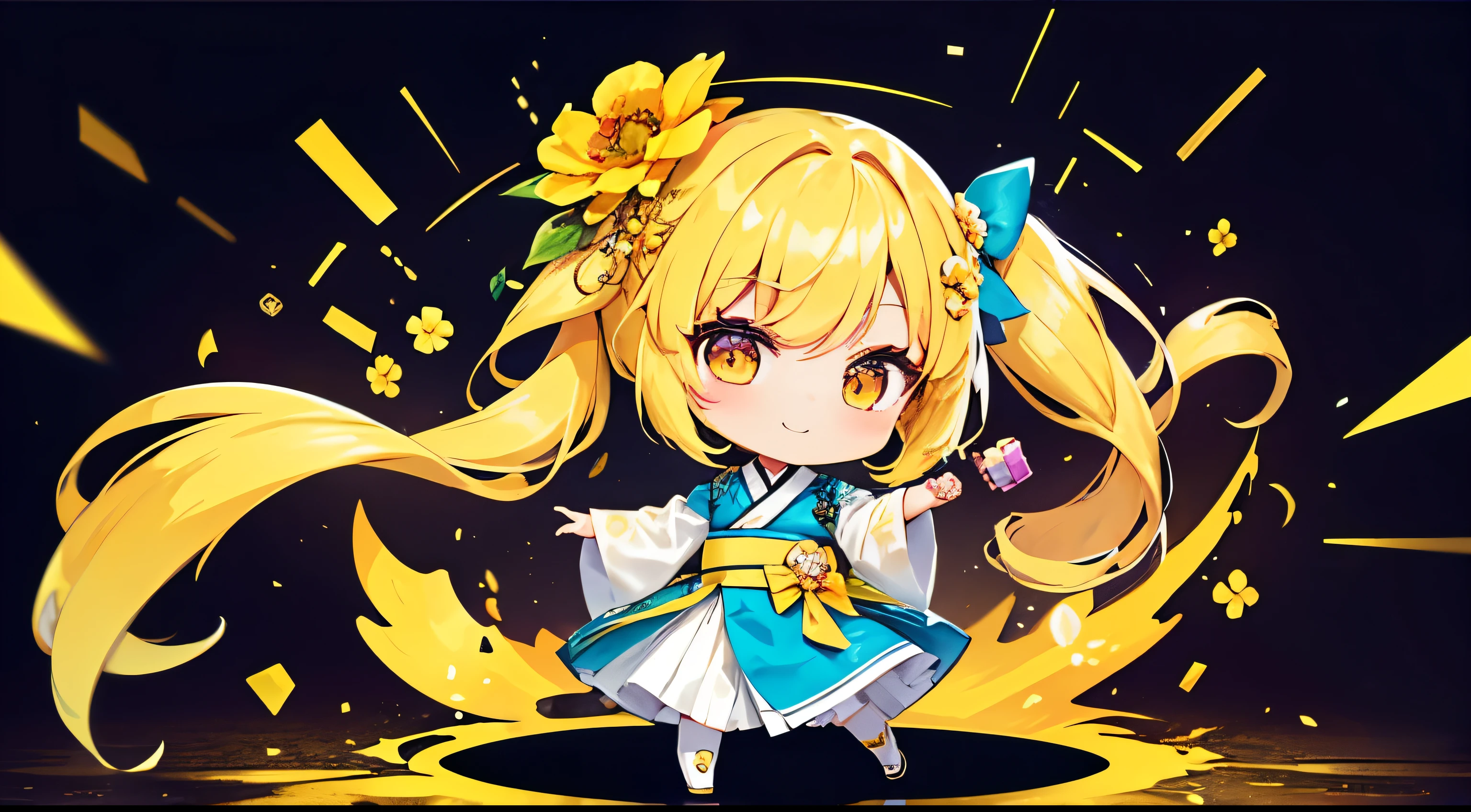 (chibi), happy, (holding a yellow flower), bright yellow hair, long hair, Two-pronged, whole body, korean hanbok, minecraft