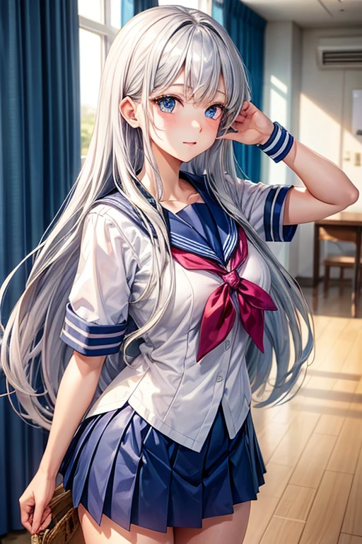 a beauty girl、kawaii girl、silver hair、Longhaire、blue eyes、high quality、sailor suit、A sexy、high school student