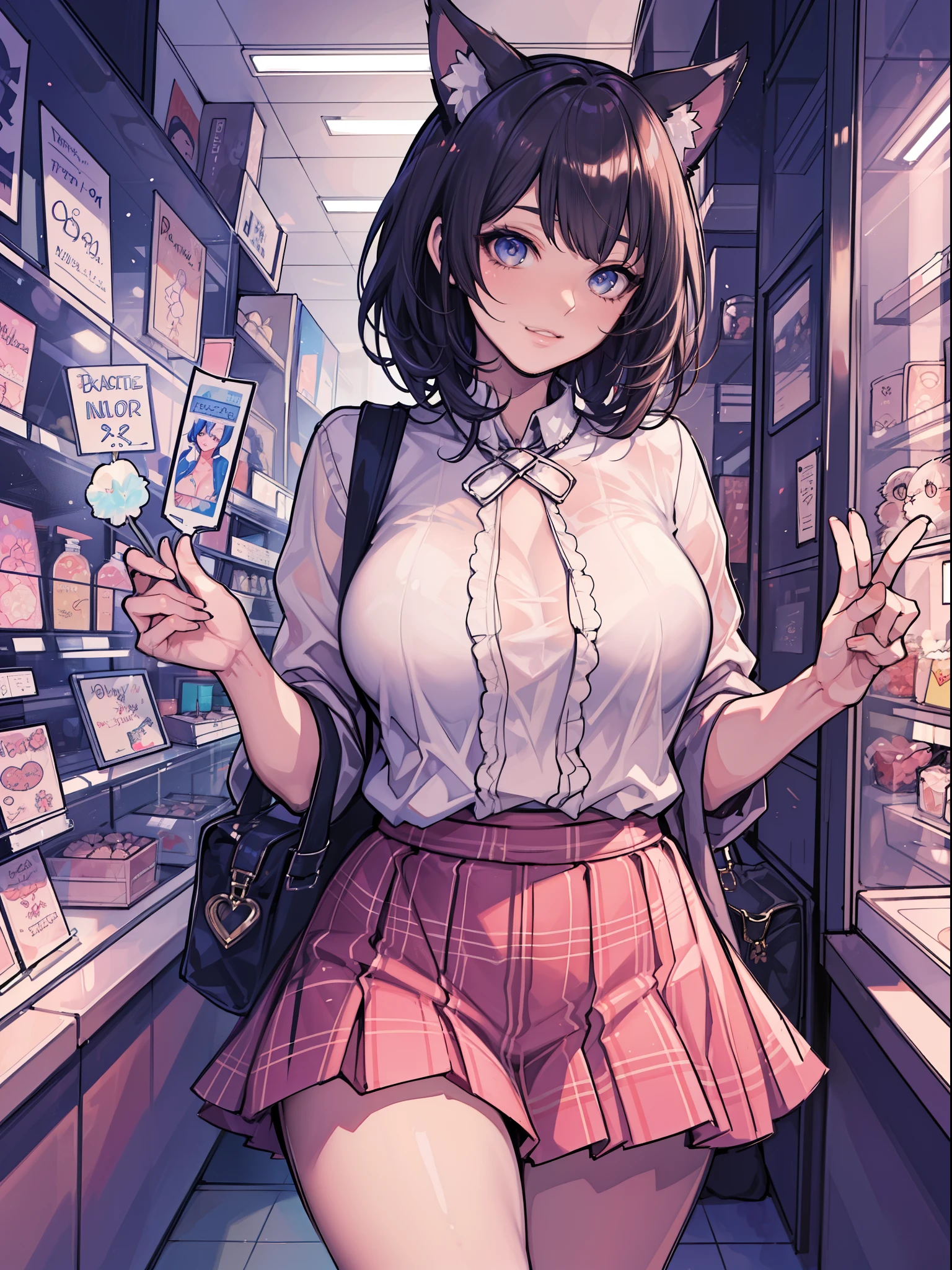 erotic sexy, 1人, A MILF, (masutepiece: 1.2), (Excessive skin gloss and reflection: 1.5), (fully detailed), (Very detailed and beautiful: 1.1) (cat ear,) Erotic and sexy smile, Gorgeous beauty, Shorthair with black hair, Super huge plump breasts,    Cute casual clothes, mini skirt, (Flower Shop,), flower shop clerk, holding flower bouquet,