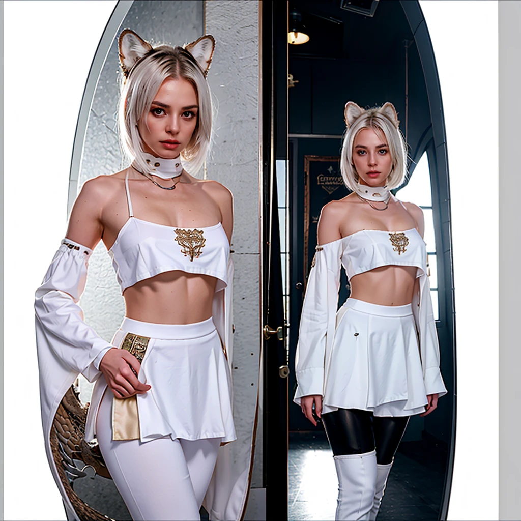 8k, resolution, high quality, high resolution, best quality, best resolution, absurd resolution, ray tracing, high detailed, masterpiece, extremely detailed,shoulder length white hair, female,white 2 wolf ears, teenage girl, slim body, white scale dragon tail,black boots,black leggings, school skirt, white jacket, medium size chest, detailed blue eyes, detailed beautiful face,solo female,1 dragon tail, detailed eyes