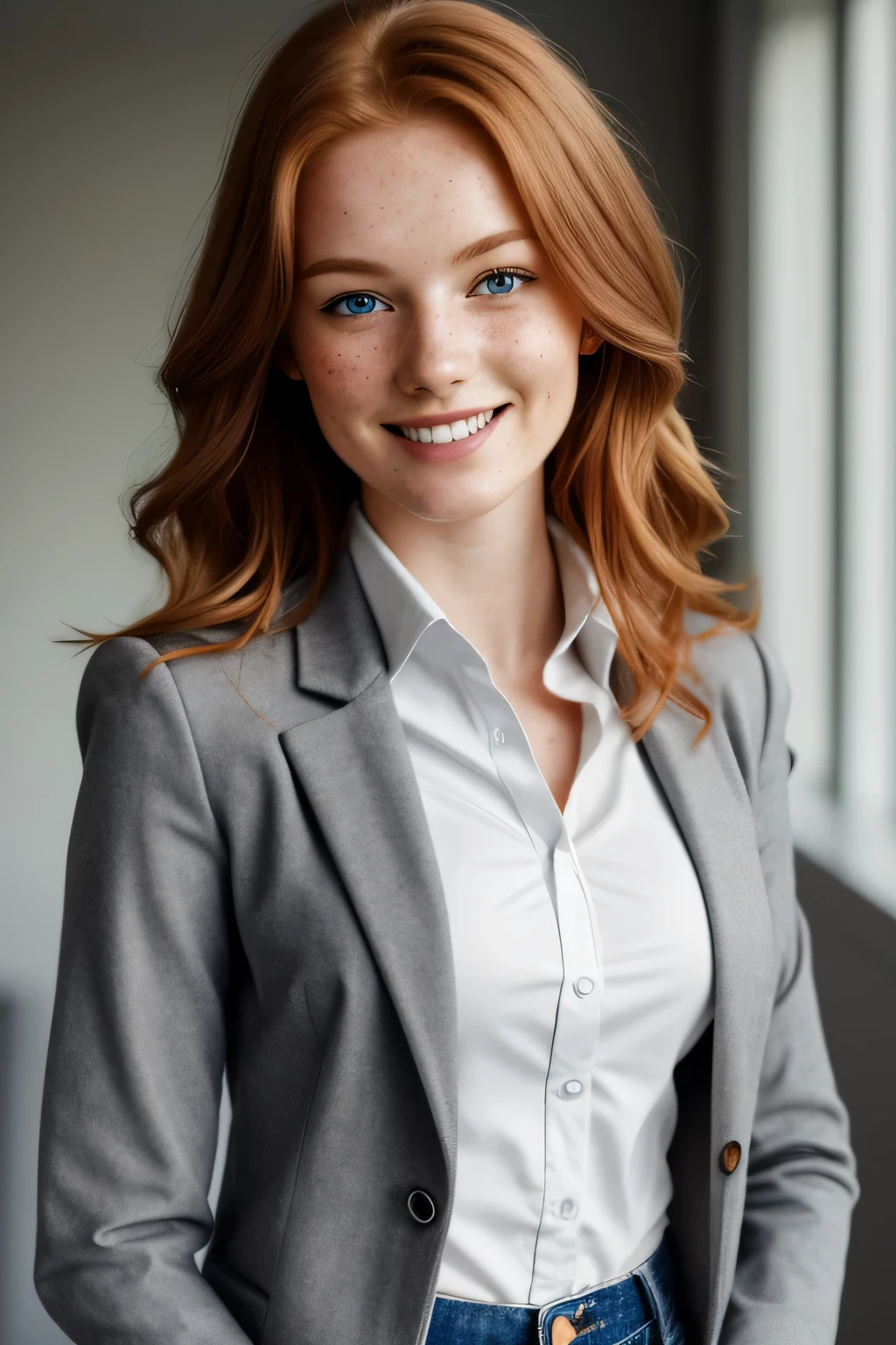 1girl in, age21, Solo, Aesthetic artwork, irish redhead, shoulder length hair, grey eyes, light grey eyes, very happy smiling, some small freckles, pale skin, B-cup, medium breasts, runners body, detailed skin texture, (extremely detailed 8k wallpaper), soft lighting, high quality, film grain, Fujifilm XT3 sharp focus, f 5.6, 50mm, High Detail, Sharp focus,(natural light), (grey blazer, white collar buttoned shirt, blue jeans : 1.2), spacious open modern office, crazy details, complex details, hyper detailed
