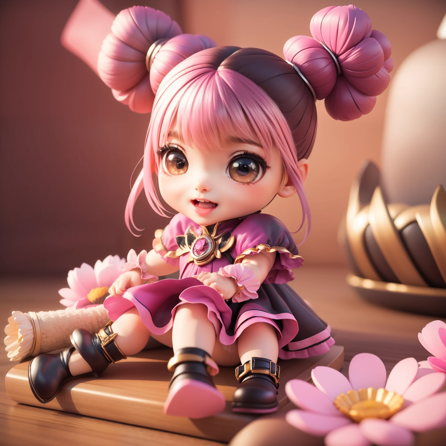 Cute Baby Chibi selena mobile legend,(((Chibi 3D))) (Best Quality) (Master Price)、(Chibi :1.3)、Sitting on smoky pink flowers、specimen、houseplant、Open your mouth and smile