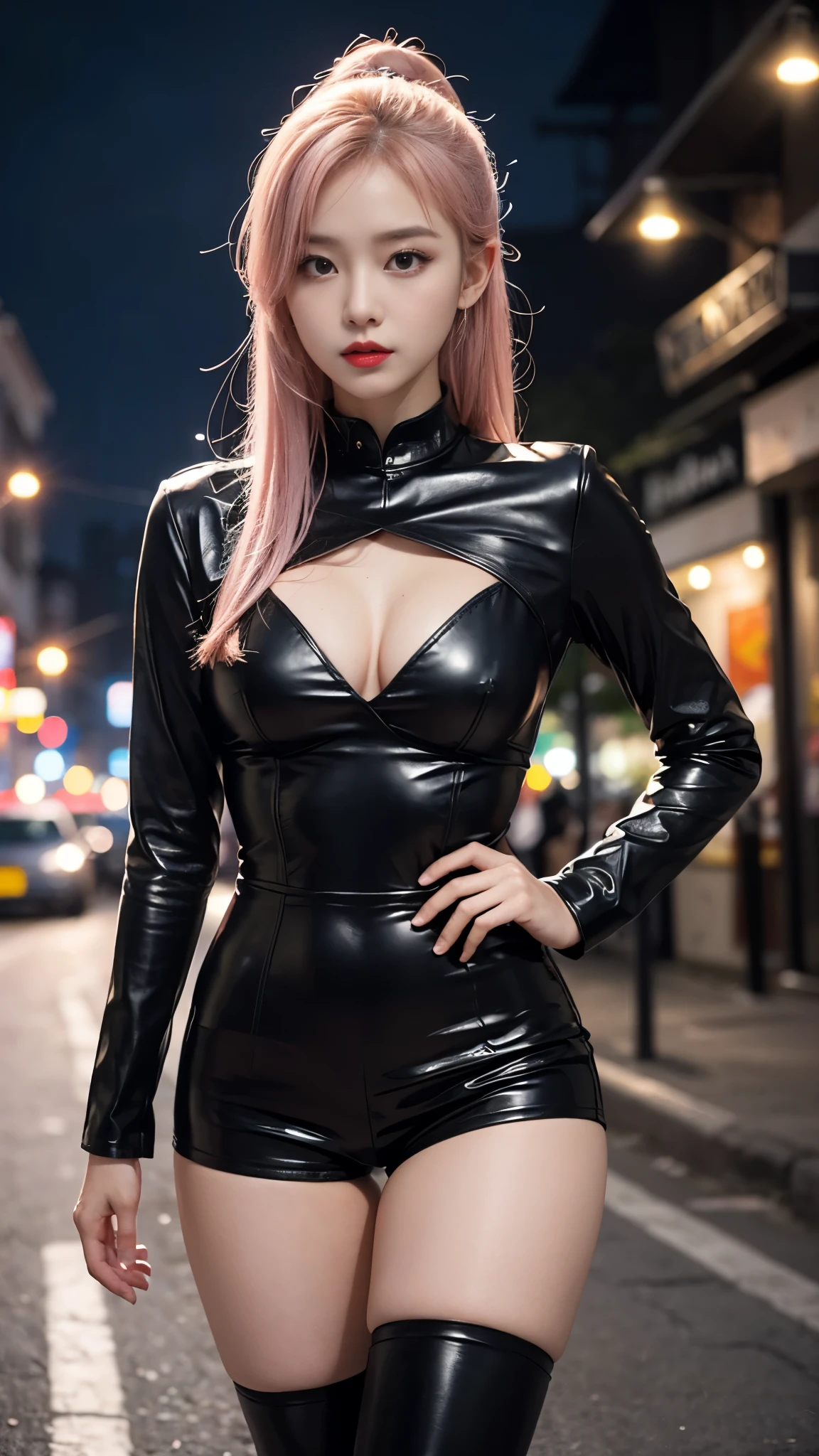 Beautiful Girl, Korean makeup, Red lips, Platinum hair, thigh, medium chest, medium body, thigh, áo toptube, Tight shorts, ((( leather costumes ))), streetscape, Dark night, bảng hiệu, LED Lights, phương tiện,