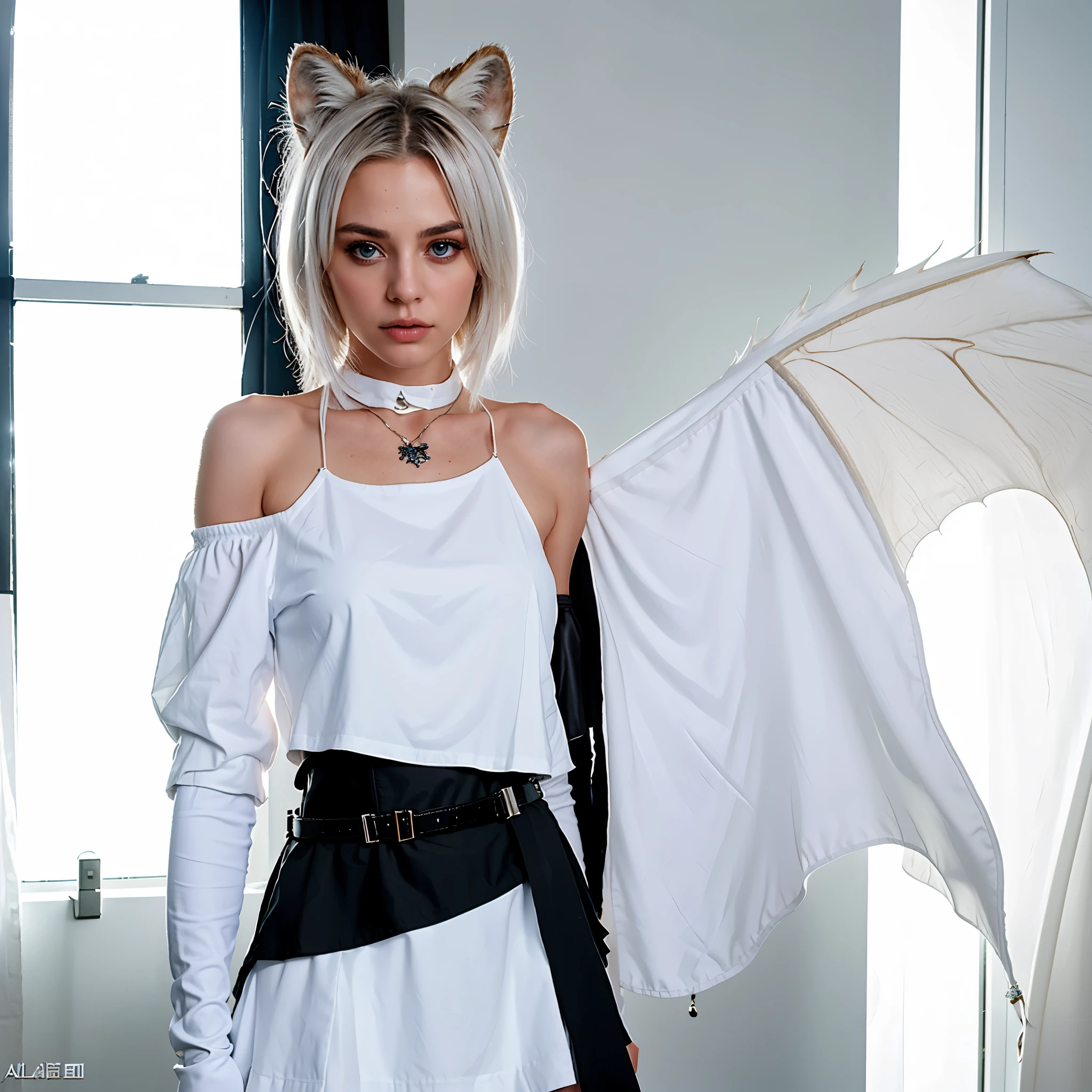 8k, resolution, high quality, high resolution, best quality, best resolution, absurd resolution, ray tracing, high detailed, masterpiece, extremely detailed,shoulder length white hair, female,white 2 wolf ears, teenage girl, slim body, white scale dragon tail,black boots,black leggings, school skirt, white jacket, medium size chest, detailed blue eyes, detailed beautiful face,solo female,1 dragon tail, detailed eyes