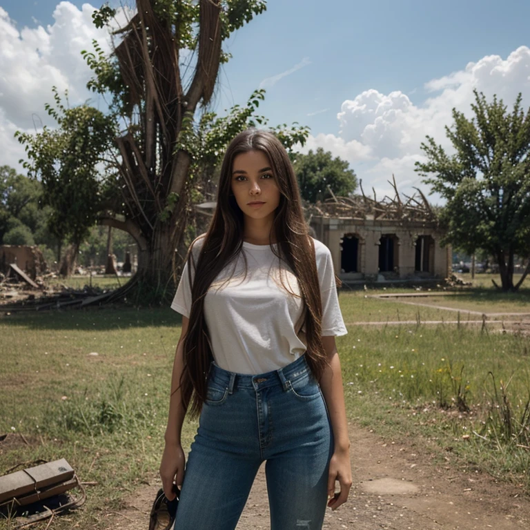 A beautiful girl , look at viewer, long hair, shirt, jeans, cloud, day, sky,outdoors, post-apocalypse, ruins, scenery, tree, water,