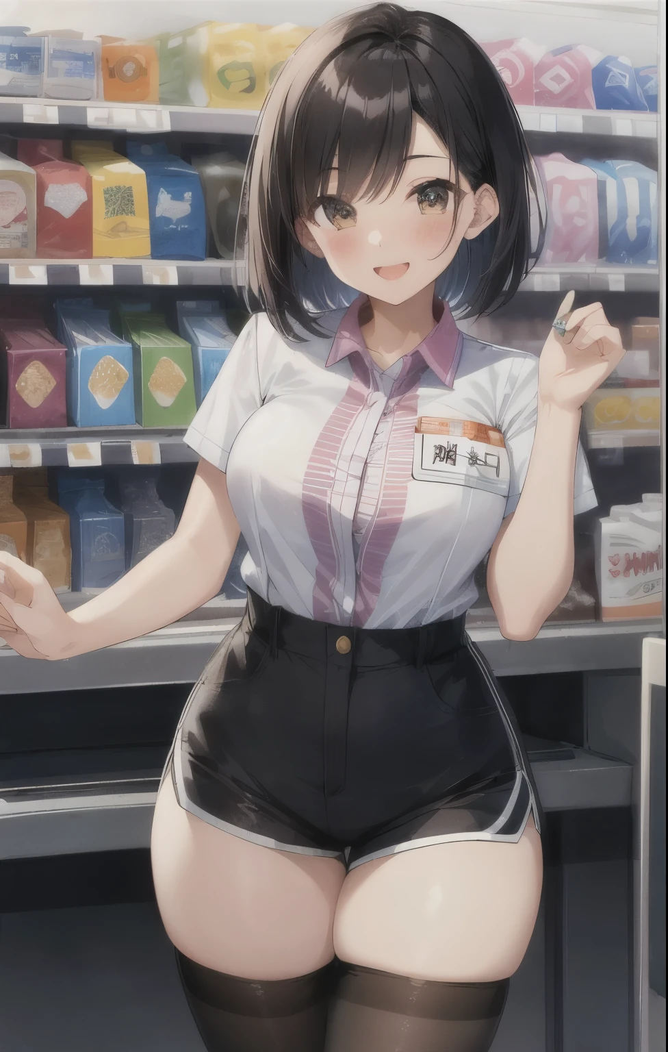 A thin female student with small breasts,{laughing},{nsfw},Inside a convenience store,school uniform,my friend is very surprised,show off nipple