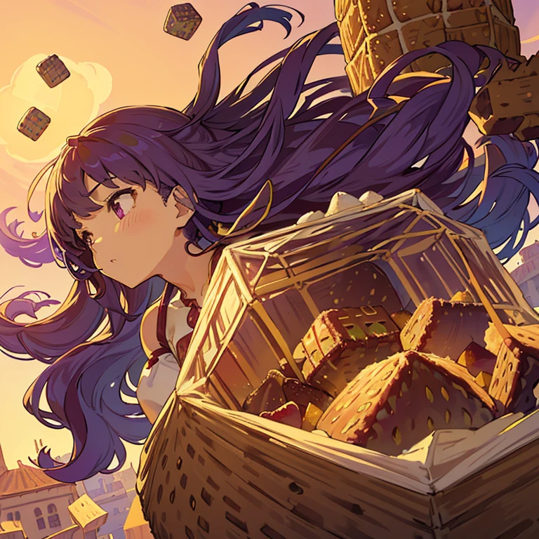A girl with long afro hair flying low in the air covered in boiling large strawberry cake armor serving a large purple potato jam、amazing dynamism、amazing angle、unstable buoyancy sandstorm、(((Lots of friendly oversized dried fruit cubes floating densely to chase)))、((surround each other'extra large branched straw cube))、