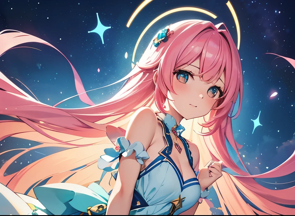 Dark Magician Girl、MKSKS style、2guys、(highly detailed back ground:1.0)、(highly detailed back ground:1.0)、masterpiece、top-quality、An ultra-high picture quality、16k、high-detail、Blue eyes、From above、Fold your hands in front of you、The upper part of the body、Sitting on the edge of the fountain、Twisting the body、Leaning forward、Hair ornament with emerald、Reddish cheeks、a smile、(1/2 pink and 1/2 Light blue hair、rainbow-colored hair、ahoge、Curly、forehead)、(Colorful dress with a lot of draping、Rainbow dress:1.3、lightweight、Airy、soft、fluffy)、Silver necklace、Silver bracelet、(Ray-like pattern:1.4)、Aurora、night sky full of stars、shooting stars、fullmoon、Radial beams of light、soap bubbles、natta --auto