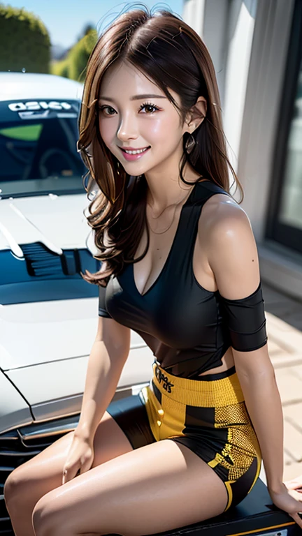 the Extremely Detailed CG Unity 8K Wallpapers, best quality, Ultra-detailed, masutepiece, Reality, photos realistic, extremely detailed cute girl, 25 years old,
(Wearing a grid girl costume with sponsor's logo printed on it:1.3), (Mini skirt ) , (Sitting in a motorsport race), (photorealistic:1,4)、(side view)、(looking at the viewer)、(sitting on the hood of a car)、 (cleavage), (leg spreads:1.3) , (Showing white panties:1.4) , blush , Half body shot , shortcut