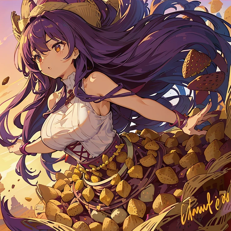 Naked girl with long afro hair flying low covered in boiling large strawberry cake armor serving a large purple potato jam、amazing dynamism、amazing angle、unstable buoyancy sandstorm、(((Lots of friendly oversized dried fruit cubes chase you in a floating latticework)))、((surround each other&#39;extra large lattice straw))、