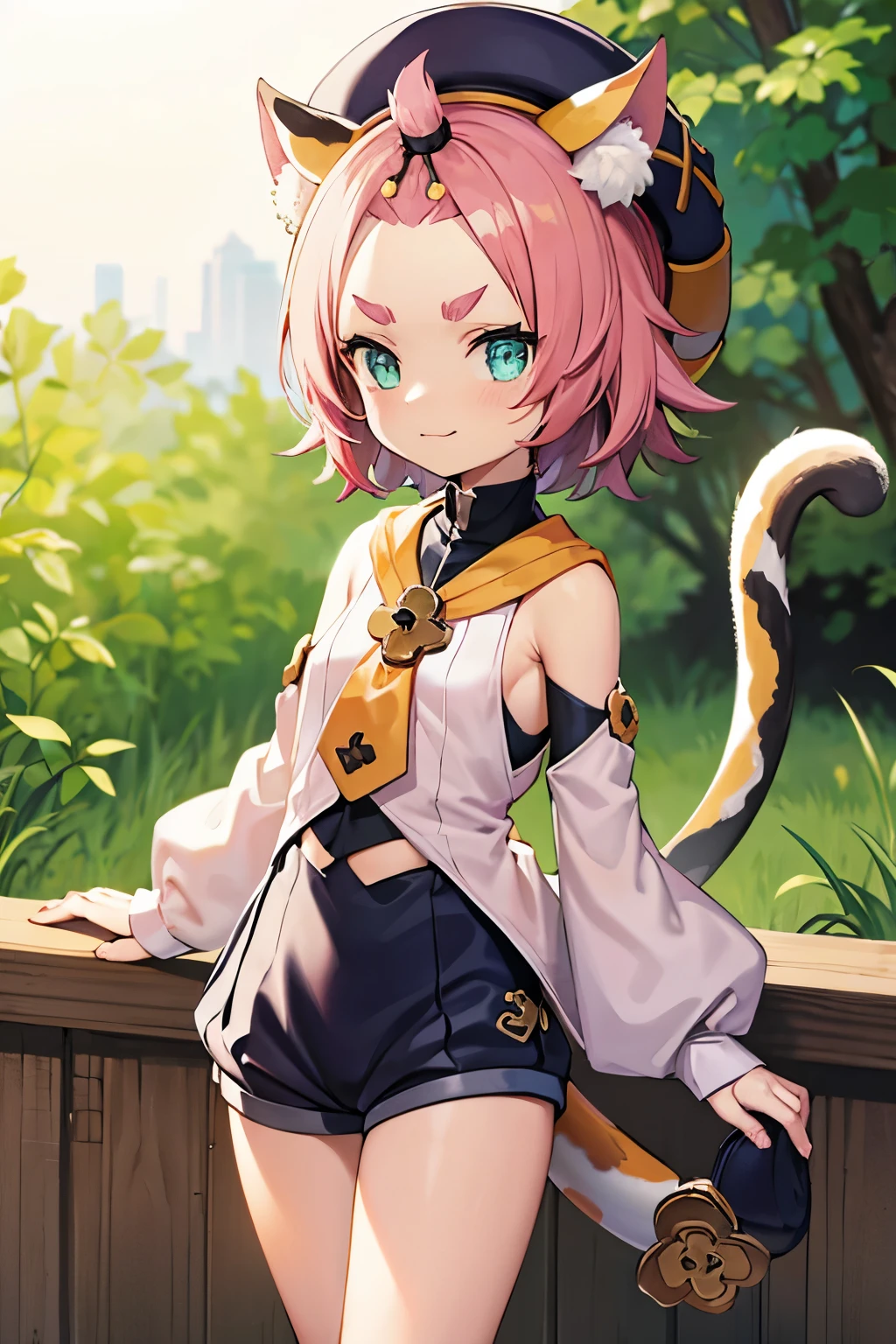 catgirl, bottomless, , furrowed eyebrows, small smile, loli, outside, tail, detached sleeves, hat