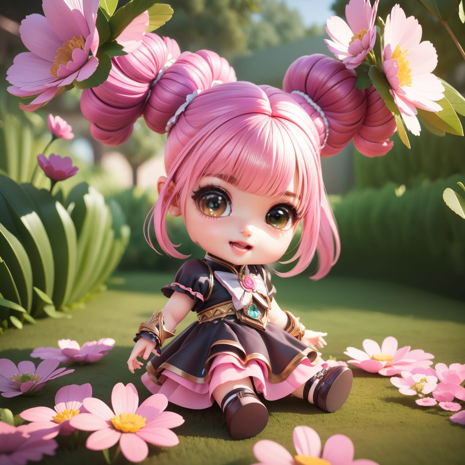 Cute Baby Chibi selena mobile legend,(((Chibi 3D))) (Best Quality) (Master Price)、(Chibi :1.3)、Sitting on smoky pink flowers、specimen、houseplant、Open your mouth and smile