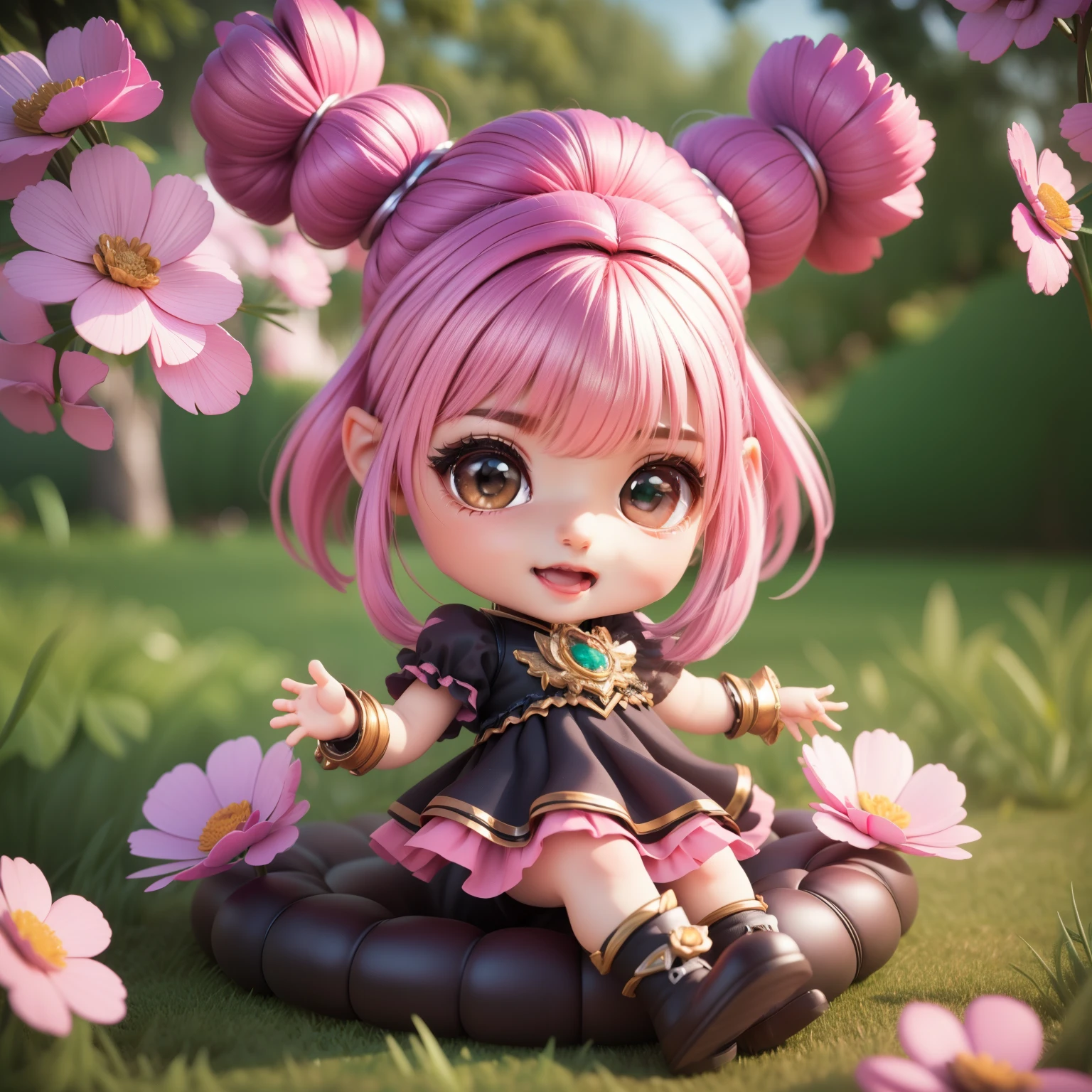 Cute Baby Chibi selena mobile legend,(((Chibi 3D))) (Best Quality) (Master Price)、(Chibi :1.3)、Sitting on smoky pink flowers、specimen、houseplant、Open your mouth and smile