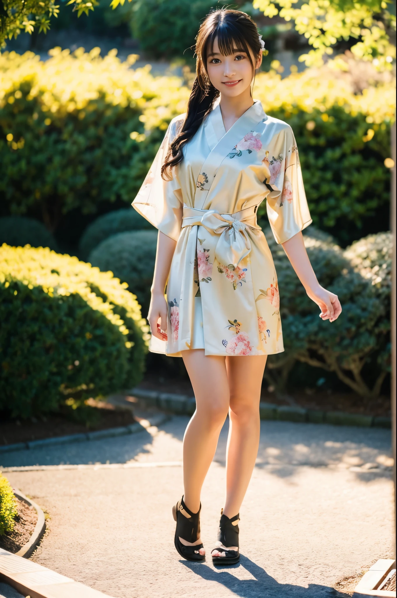 (Photorealsitic:1.4), (Top image quality:1.0), (超A high resolution:1.0), 8K, Raw photography, (masterpiece:0.2), (pureerosface_v1:0.5)、(Best Quality Detail:1.2)、realisitic、8K UHD、hight resolution、(1girl in:1.2)、The ultra-detailliert、High quality textures、intricate detailes、detaileds、Very detailed CG、High quality shadows、Detail Beautiful delicate face、Detail Beautiful delicate eyes、depth of fields、Ray traching,1girl in, japanaese girl, Cute, slender, Kimono with Japanese pattern,Floral scrunchie, Beautiful skin, Facing the front,Sit down, Sit upright and say thank you,Align your hands elegantly,Smile faintly The Land of Japan,Japanese garden,Luxury Japanese-style room, skyporn, Magic Hour, (Realistic:1.3), Finely detailed, quality, (masutepiece:1.2), (Photorealistic:1.2), (Best Quality), (Intricate details), Dramatic, ((Full body shot: 1.6)), Ray tracing, photograph, +Lola