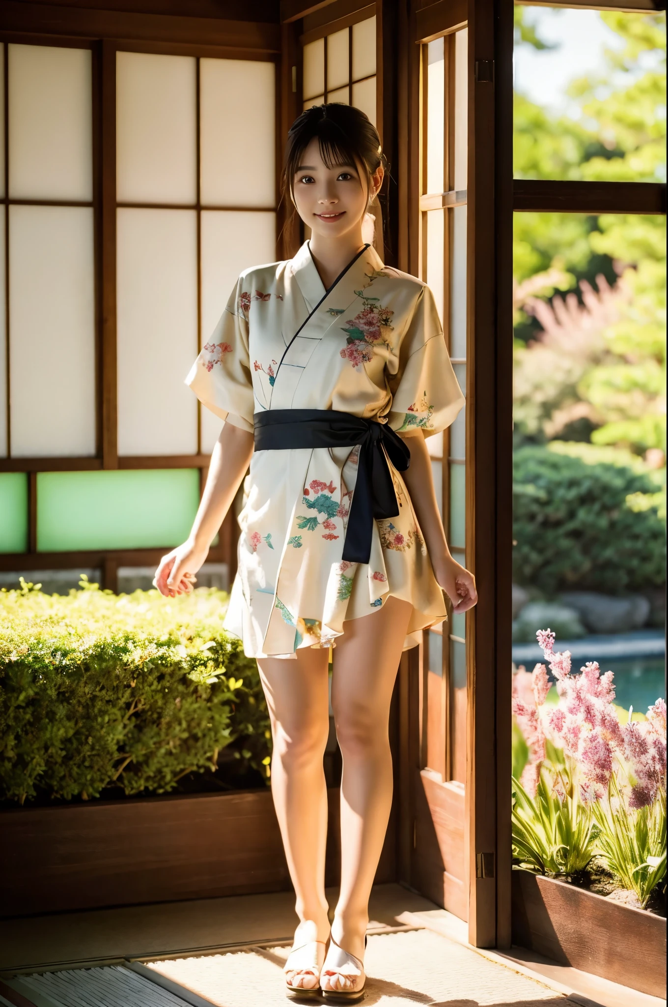 (Photorealsitic:1.4), (Top image quality:1.0), (超A high resolution:1.0), 8K, Raw photography, (masterpiece:0.2), (pureerosface_v1:0.5)、(Best Quality Detail:1.2)、realisitic、8K UHD、hight resolution、(1girl in:1.2)、The ultra-detailliert、High quality textures、intricate detailes、detaileds、Very detailed CG、High quality shadows、Detail Beautiful delicate face、Detail Beautiful delicate eyes、depth of fields、Ray traching,1girl in, japanaese girl, Cute, slender, Kimono with Japanese pattern,Floral scrunchie, Beautiful skin, Facing the front,Sit down, Sit upright and say thank you,Align your hands elegantly,Smile faintly The Land of Japan,Japanese garden,Luxury Japanese-style room, skyporn, Magic Hour, (Realistic:1.3), Finely detailed, quality, (masutepiece:1.2), (Photorealistic:1.2), (Best Quality), (Intricate details), Dramatic, ((Full body shot: 1.6)), Ray tracing, photograph, +Lola