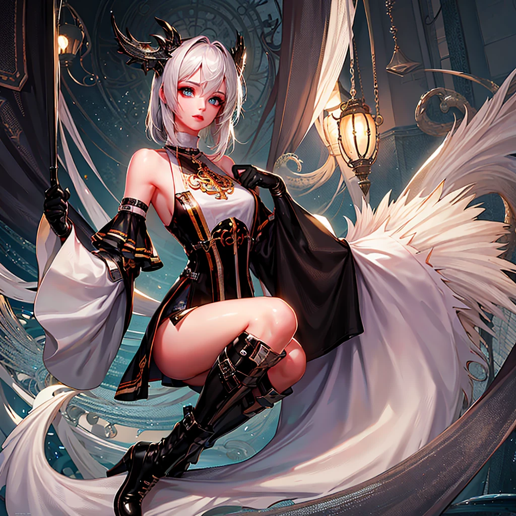 8k, resolution, high quality, high resolution, best quality, best resolution, absurd resolution, ray tracing, high detailed, masterpiece, extremely detailed,shoulder length white hair, female,white 2 wolf ears, teenage girl, slim body, white scale dragon tail,black boots,black leggings, school skirt, white jacket, medium size chest, detailed blue eyes, detailed beautiful face,solo female,1 dragon tail, detailed eyes