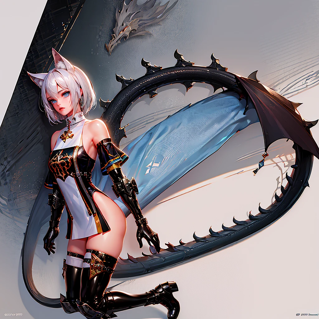 8k, resolution, high quality, high resolution, best quality, best resolution, absurd resolution, ray tracing, high detailed, masterpiece, extremely detailed,shoulder length white hair, female,white 2 wolf ears, teenage girl, slim body, white scale dragon tail,black boots,black leggings, school skirt, white jacket, medium size chest, detailed blue eyes, detailed beautiful face,solo female,1 dragon tail, detailed eyes