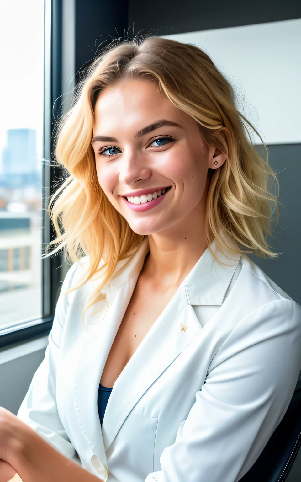 Very attractive blonde woman in a white blouse. blue eyes, facing the camera. In an expensive appartment. Sitting in an office chair, facing the camera. Smiling.