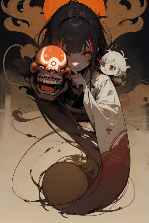 Outline warm color, ((jumpscare)), ((festival)), horrific, scribble, (yokai), angle, (masterpiece), (high resolution), (super delicate), (Clear), full body, Comic Style Illustrations, (drawing style), warm color, Japanese painting, (snapshot), bugaboo, nightmare, (eerie), (horror elements), Japanese carving, primitive art, old picture scroll style, old staging, Ancient mural style, cartoon style, rough sketch, Crazy illustrations, antique, Dark atmosphere, flat illustration, doll-like face, horror factor, Crazy smile, spooky look, Distinctive hair style, Creative accessories, individualistic atmosphere