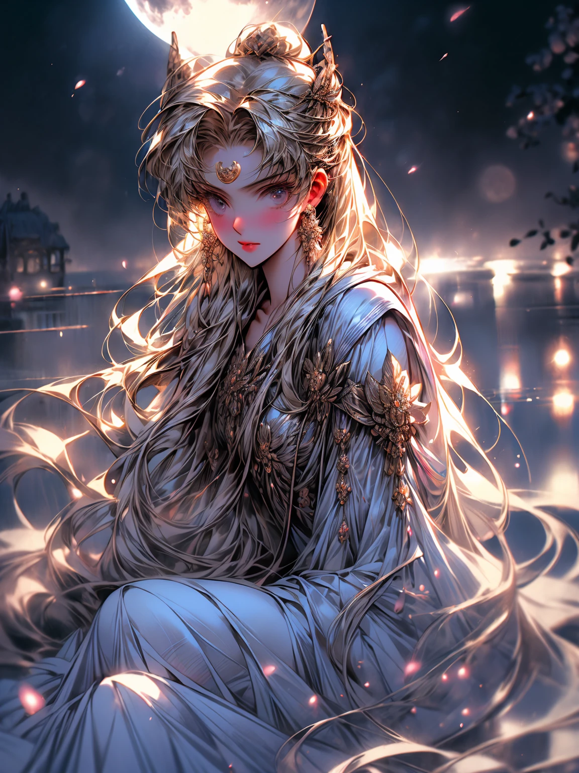 (best quality,4k,8k,highres,masterpiece:1.2),ultra-detailed,(realistic,photorealistic,photo-realistic:1.37),portrait,painting,charming,beautiful detailed eyes,beautiful detailed lips,extremely detailed eyes and face,long lashes,anime,stylized,soft colors and pastel tones,fantasy,female character,glowing moonlight,sparkling stars,nostalgic,shojo manga,moonlit garden,flowing hair,serene expression,romantic,crescent moon shape on forehead,crystal-clear skin,flowy dress,butterfly accessories,emotive,peaceful,tranquil,ethereal,gentle,romantic lighting,celestial elements,delicate lines,twinkling,whimsical