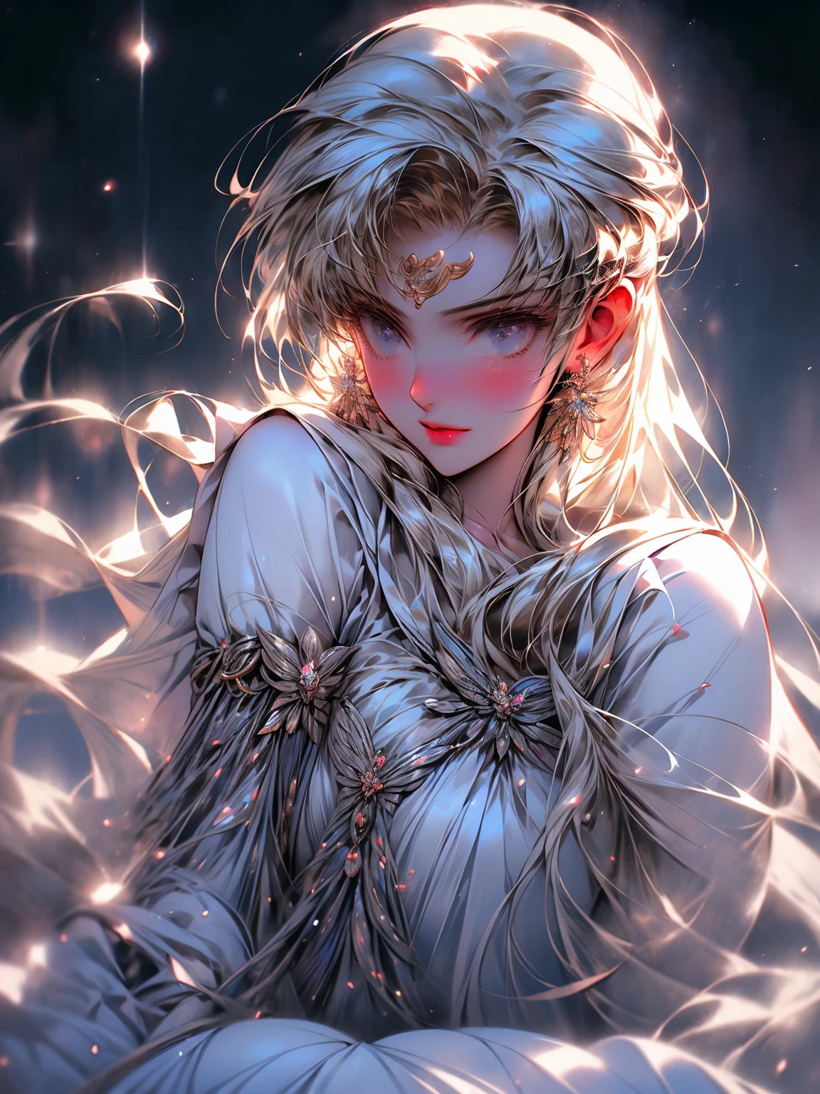 (best quality,4k,8k,highres,masterpiece:1.2),ultra-detailed,(realistic,photorealistic,photo-realistic:1.37),portrait,painting,charming,beautiful detailed eyes,beautiful detailed lips,extremely detailed eyes and face,long lashes,anime,stylized,soft colors and pastel tones,fantasy,female character,glowing moonlight,sparkling stars,nostalgic,shojo manga,moonlit garden,flowing hair,serene expression,romantic,crescent moon shape on forehead,crystal-clear skin,flowy dress,butterfly accessories,emotive,peaceful,tranquil,ethereal,gentle,romantic lighting,celestial elements,delicate lines,twinkling,whimsical